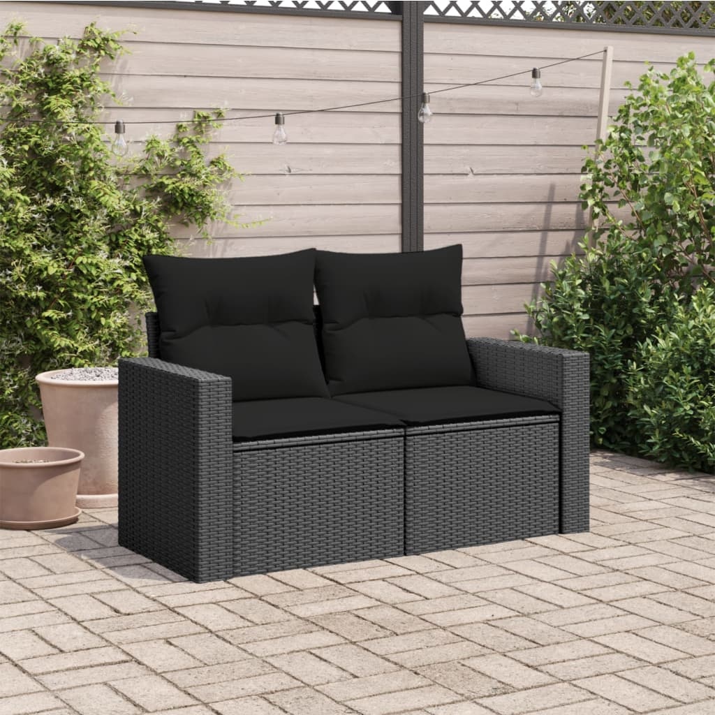 vidaXL Tuinbank met kussens 2-zits zwart poly rattan