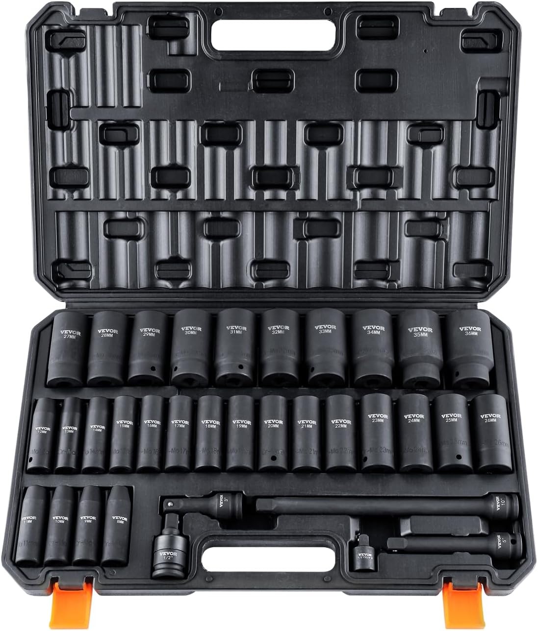 VEVOR 34-Delige Slagdopsleutelset 1/2 Inch - Diepe Doppen 8-36mm - Chroom-Molybdeenstaal