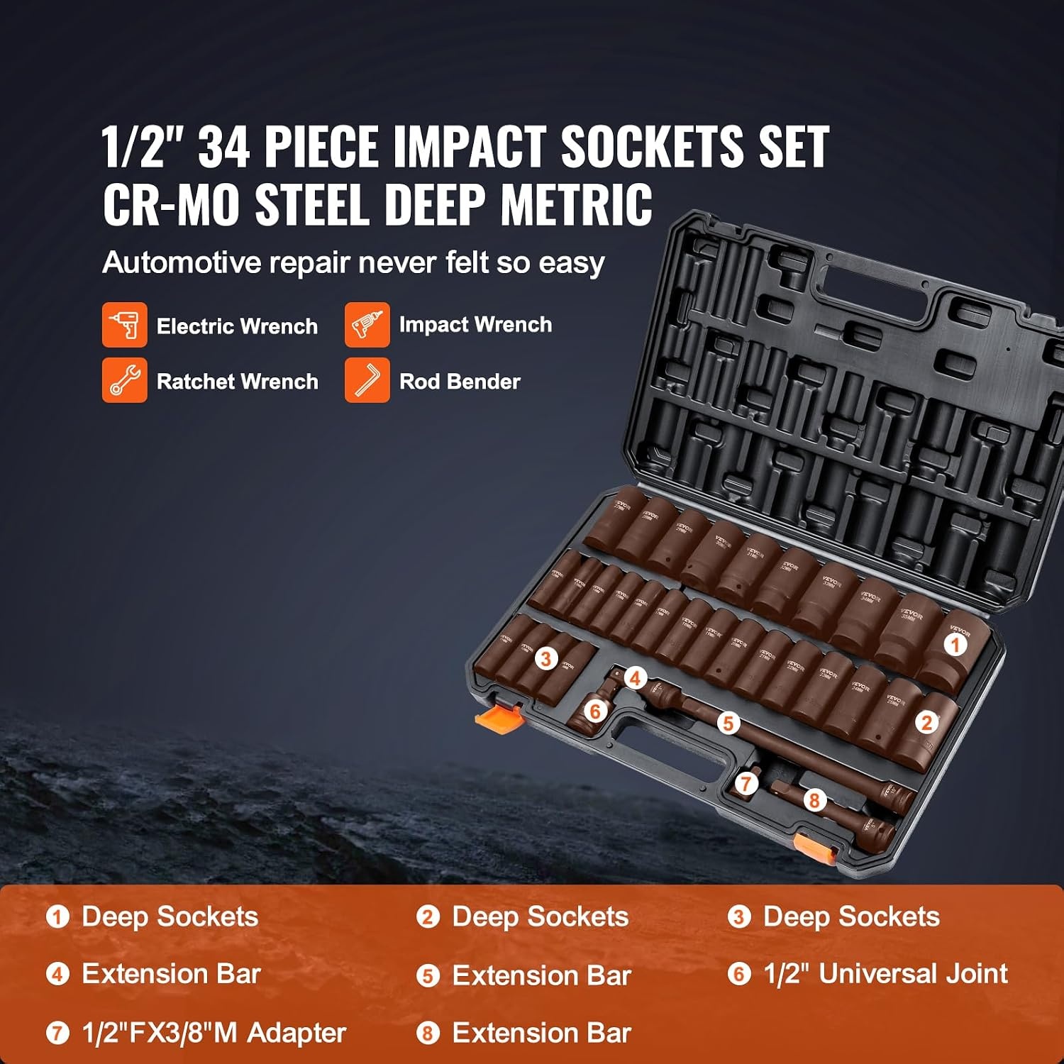 VEVOR 34-Delige Slagdopsleutelset 1/2 Inch - Diepe Doppen 8-36mm - Chroom-Molybdeenstaal