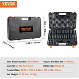 VEVOR 34-Delige Slagdopsleutelset 1/2 Inch - Diepe Doppen 8-36mm - Chroom-Molybdeenstaal