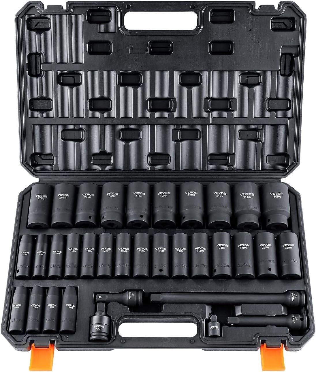 VEVOR 34-Delige Slagdopsleutelset 1/2 Inch - Diepe Doppen 8-36mm - Chroom-Molybdeenstaal