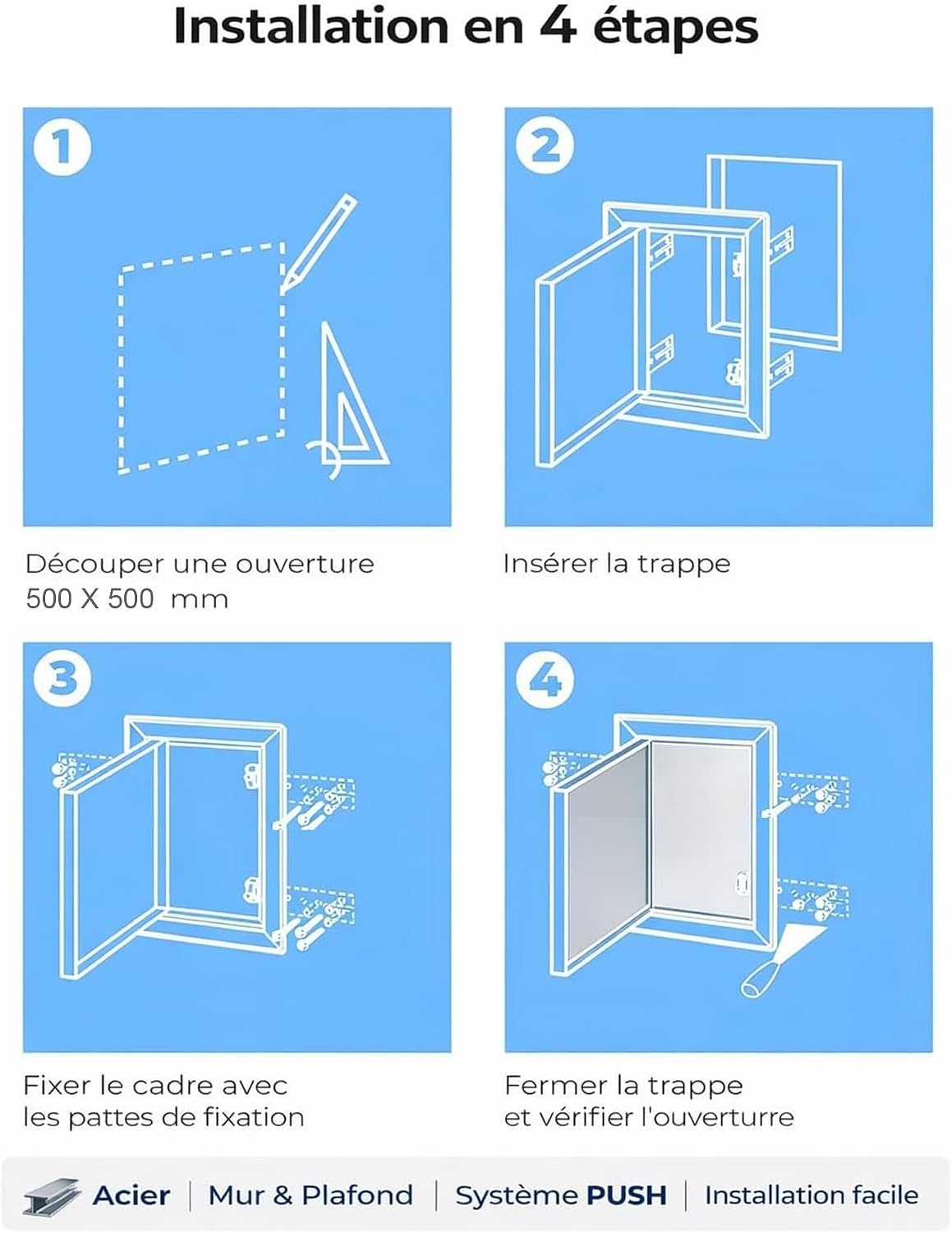 STAR BOX - Bezoekluik van professioneel staal met witte veter - Gemakkelijke toegang leidingen water mantel technische zolder plafond (500X500mm)