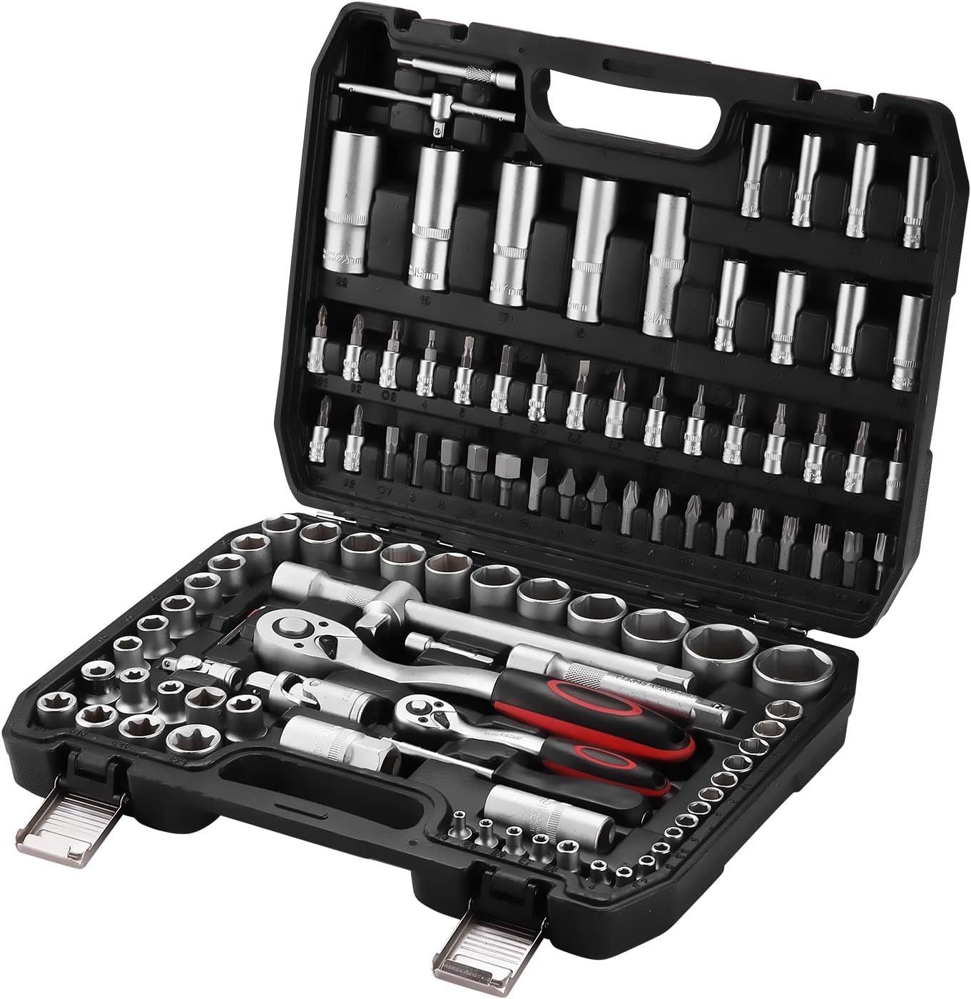 TEENO 108 Stuk 1/4 "& 1/2" Drive Socket Set met Bits Set, 72 Quick Release Ratelsleutel, Chroom Vanadium, Satijn Matte, CR-V Mechanic Tool Set voor Auto FietsReparatie & DlY