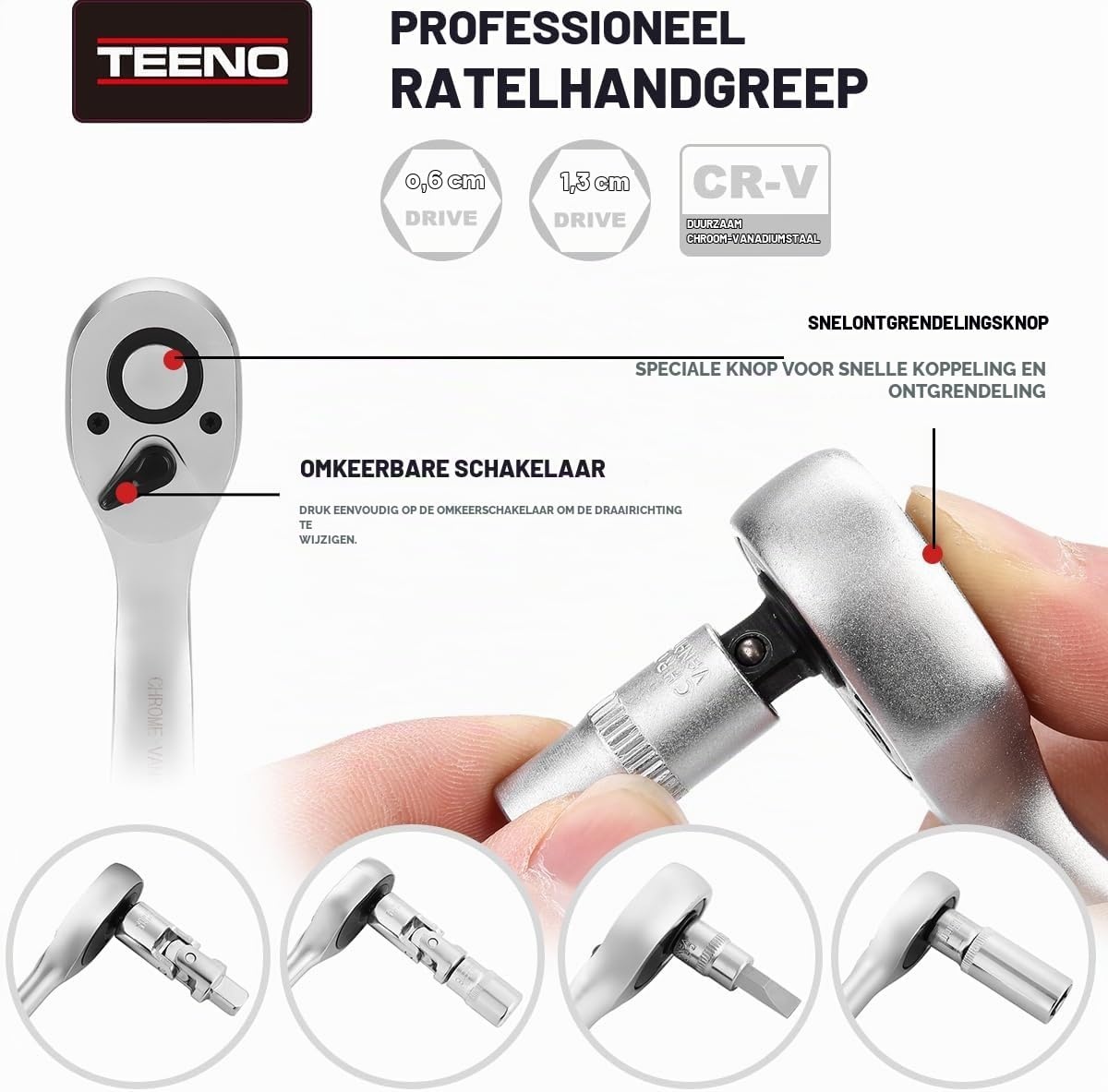 TEENO 108 Stuk 1/4 "& 1/2" Drive Socket Set met Bits Set, 72 Quick Release Ratelsleutel, Chroom Vanadium, Satijn Matte, CR-V Mechanic Tool Set voor Auto FietsReparatie & DlY