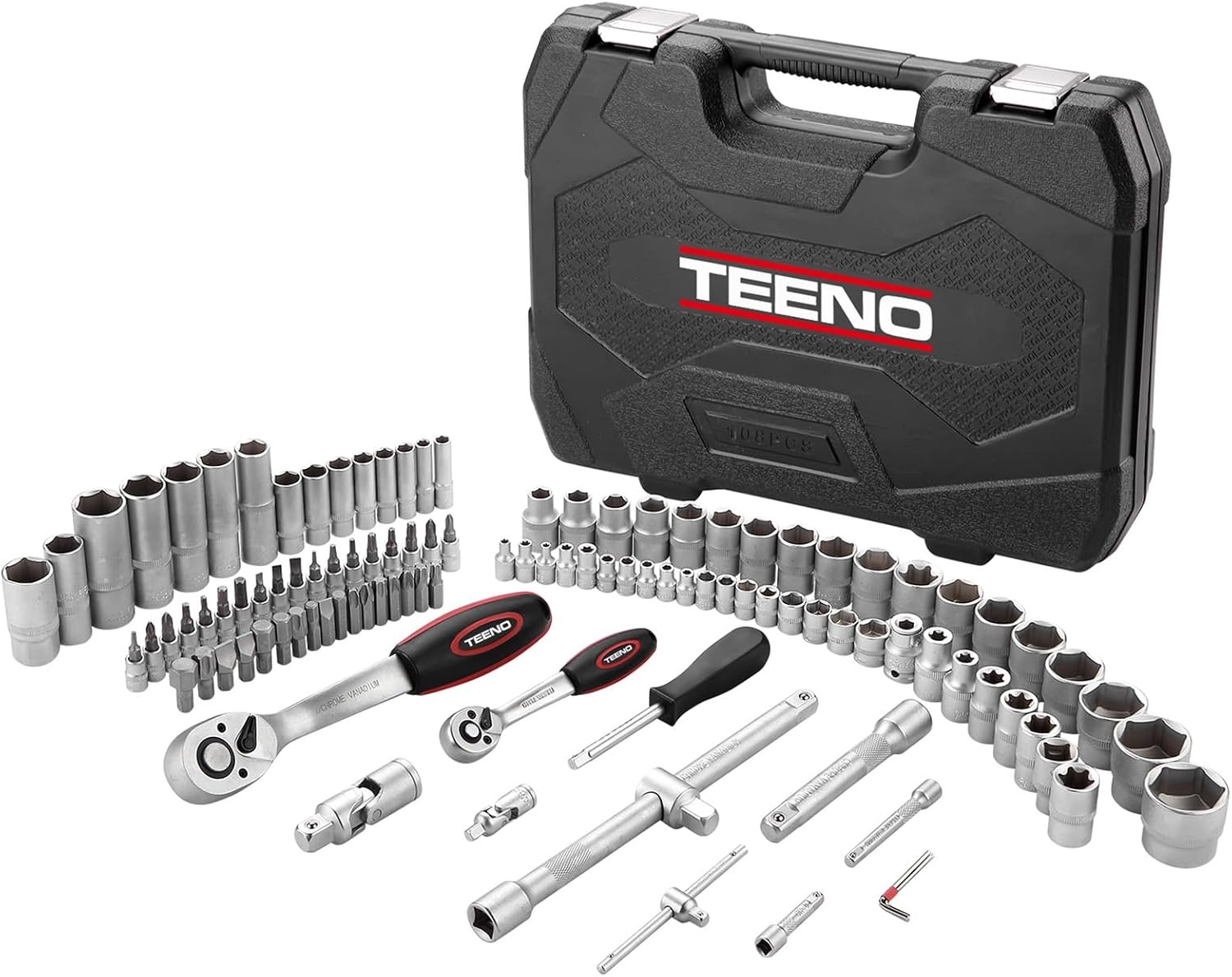 TEENO 108 Stuk 1/4 "& 1/2" Drive Socket Set met Bits Set, 72 Quick Release Ratelsleutel, Chroom Vanadium, Satijn Matte, CR-V Mechanic Tool Set voor Auto FietsReparatie & DlY