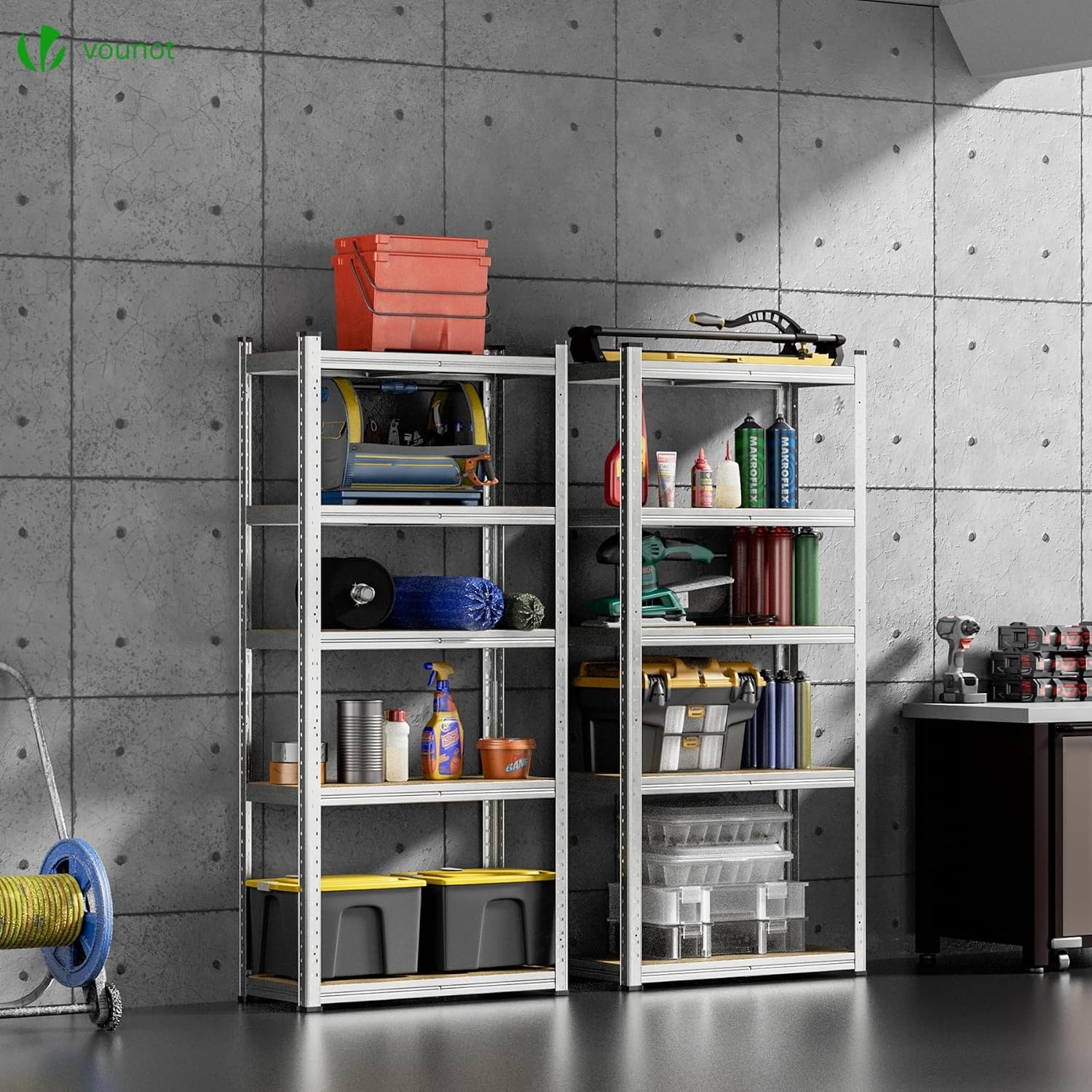 VOUNOT Set van 2 metalen rekken voor garage, 70 x 30 x 150 cm, zware rekken met 5 planken, capaciteit 875 kg, voor werkplaats, magazijn, kantoor