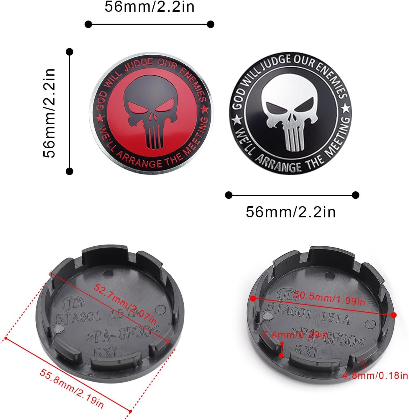 naafdoppen 56 mm, verpakking van 4 wielnaafdoppen met 8 tweekleurige stickers, wielnaafdoppen van ABS, te gebruiken voor doe-het-zelf, voor het versieren van wielnaven