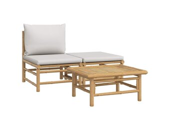 vidaXL 3-delige Loungeset met kussens bamboe lichtgrijs