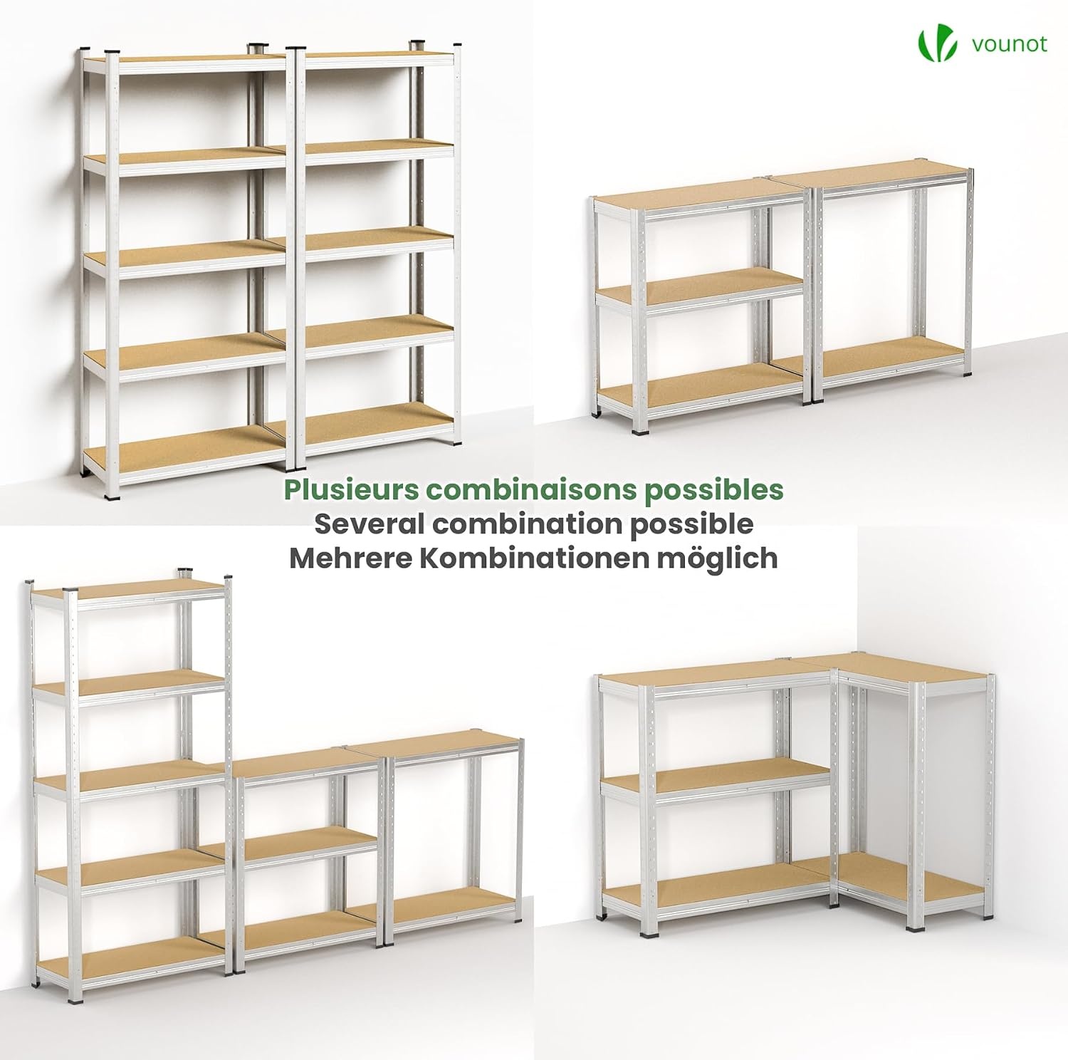 VOUNOT Set van 2 metalen rekken voor garage, 70 x 30 x 150 cm, zware rekken met 5 planken, capaciteit 875 kg, voor werkplaats, magazijn, kantoor