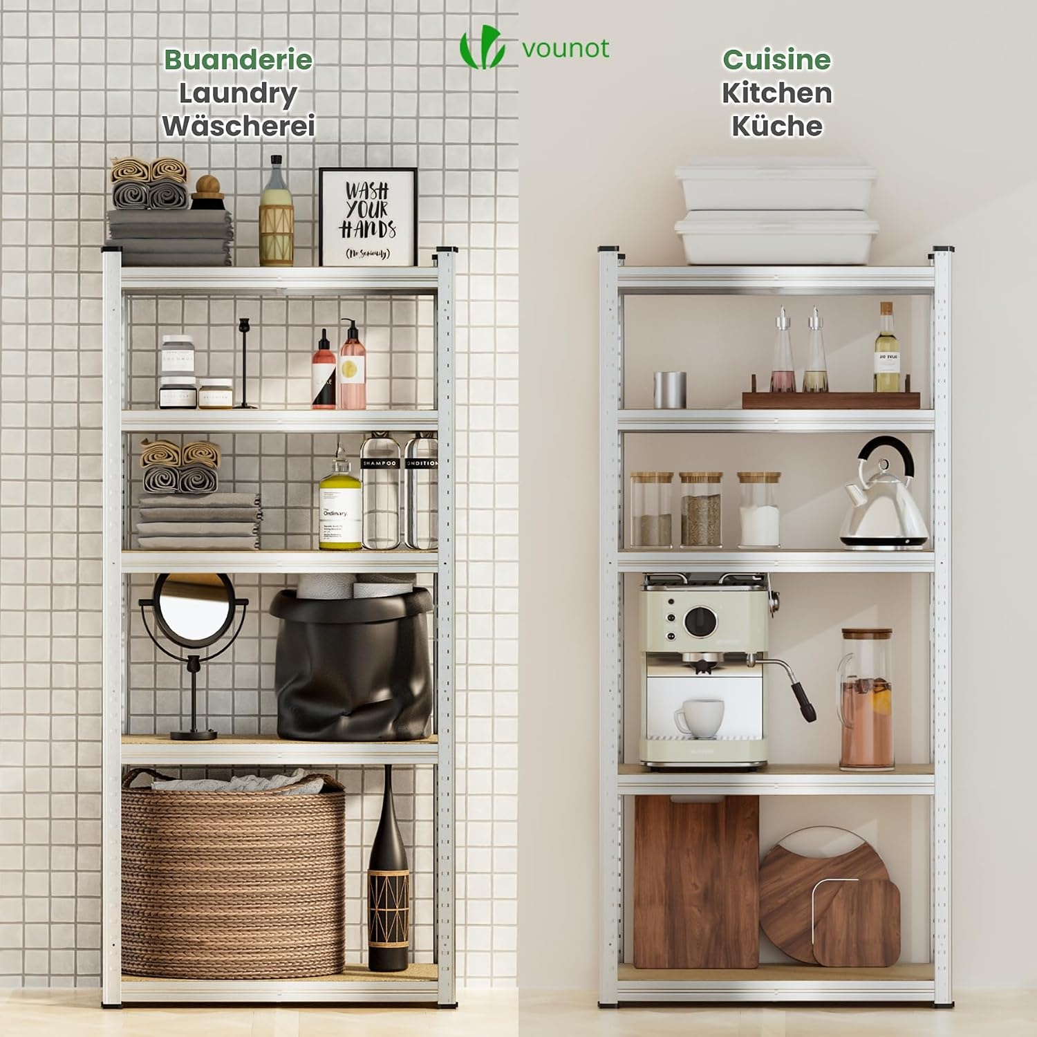 VOUNOT Set van 2 metalen rekken voor garage, 70 x 30 x 150 cm, zware rekken met 5 planken, capaciteit 875 kg, voor werkplaats, magazijn, kantoor