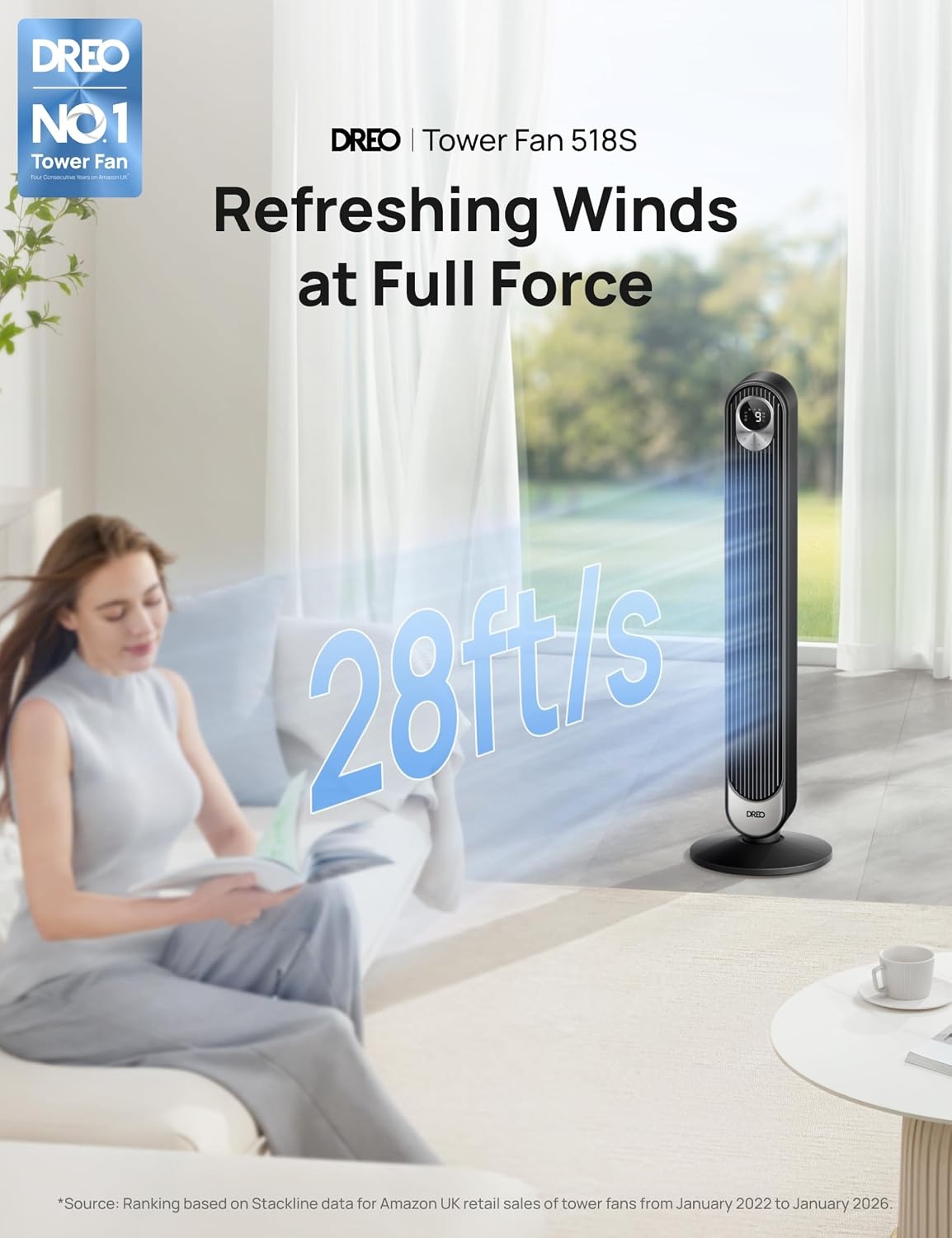 DREO 42 Inch Smart Tower Fan - Zwarte Torenventilator met WiFi en Afstandsbediening