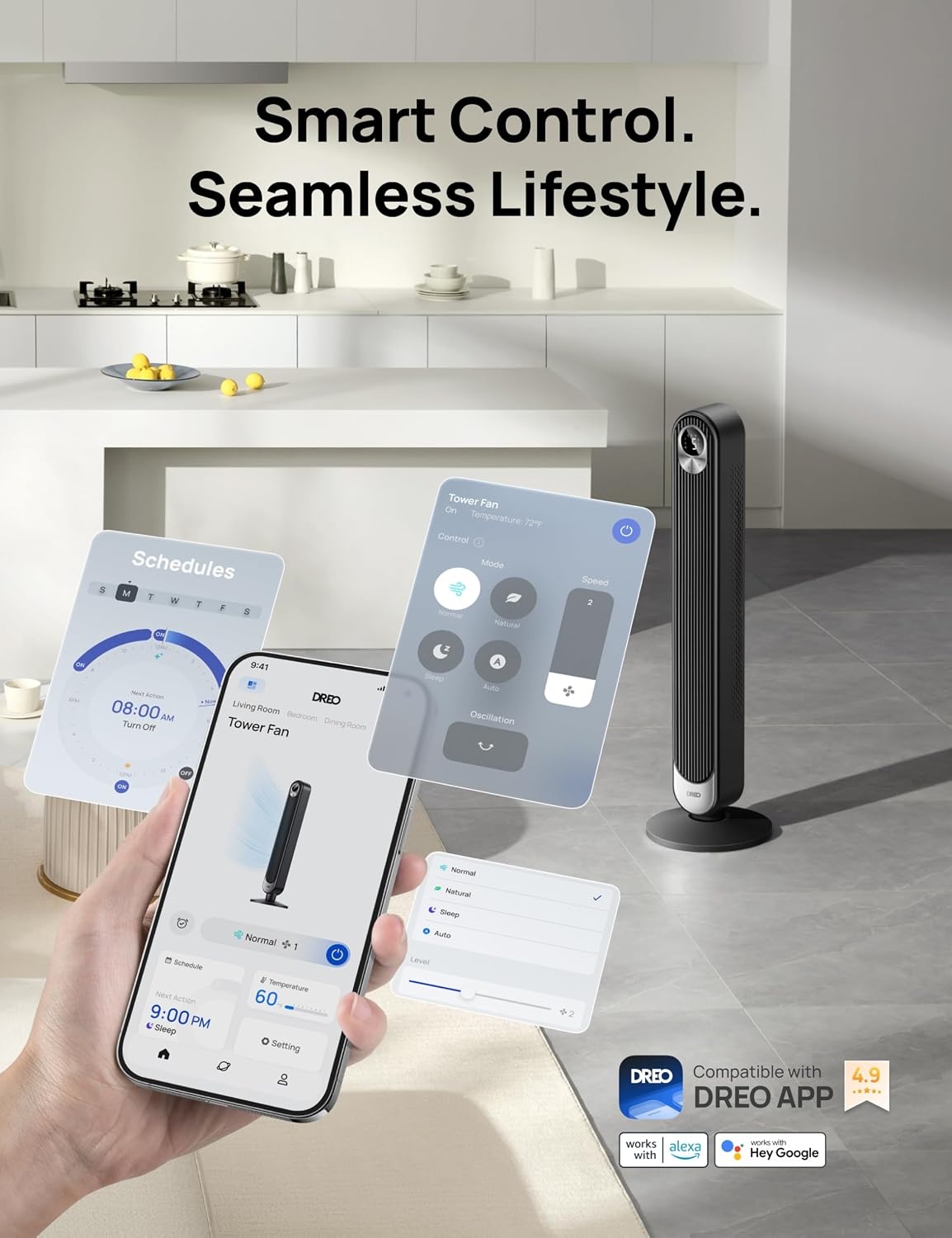 DREO 42 Inch Smart Tower Fan - Zwarte Torenventilator met WiFi en Afstandsbediening