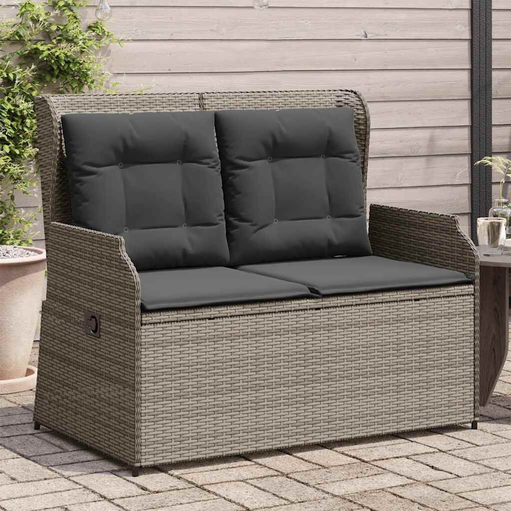 vidaXL Tuinbankje verstelbaar met kussens poly rattan grijs