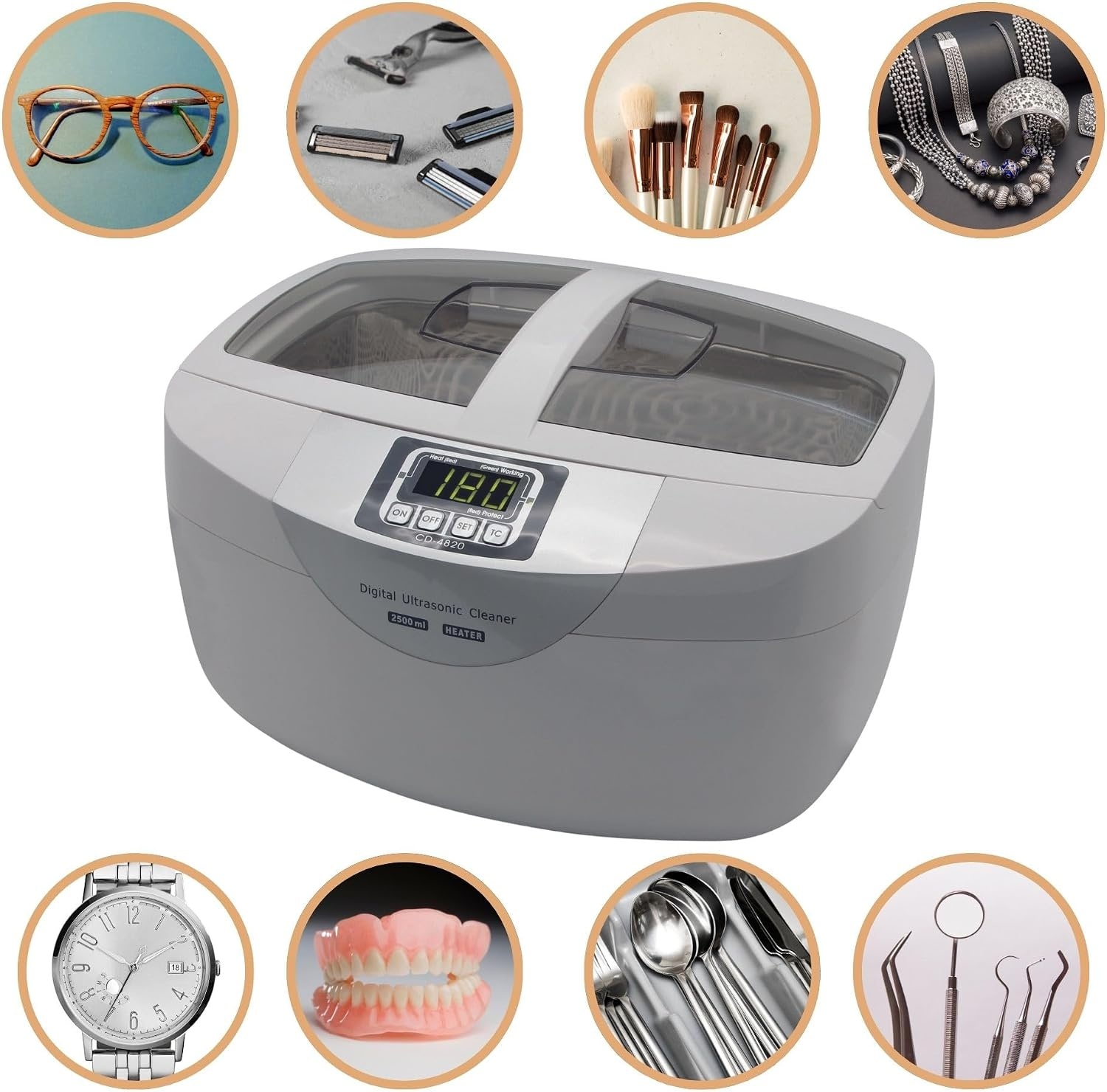Perel Ultrasoon reiniger 2.6 L, ultrasonic cleaner 35 kHz, sieradenreiniger voor brillen horloges gebit munten sleutels, rvs tank, digitale timer, krasvrij, wit