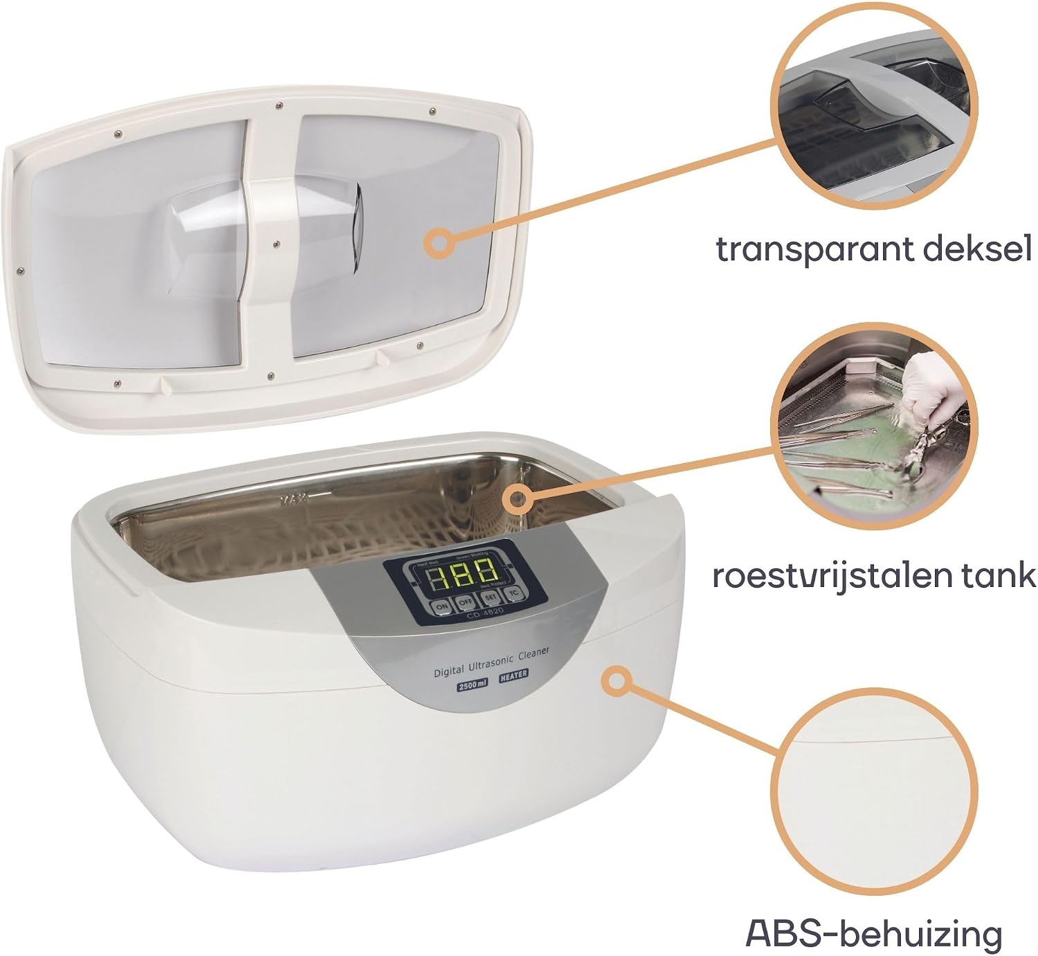 Perel Ultrasoon reiniger 2.6 L, ultrasonic cleaner 35 kHz, sieradenreiniger voor brillen horloges gebit munten sleutels, rvs tank, digitale timer, krasvrij, wit
