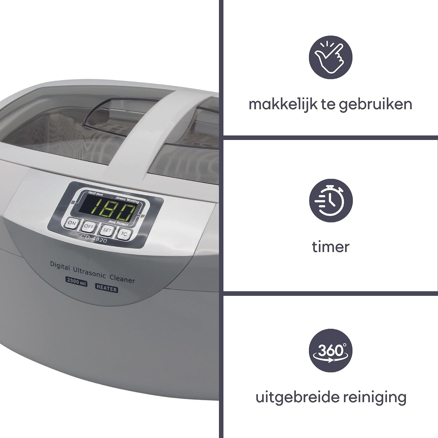 Perel Ultrasoon reiniger 2.6 L, ultrasonic cleaner 35 kHz, sieradenreiniger voor brillen horloges gebit munten sleutels, rvs tank, digitale timer, krasvrij, wit