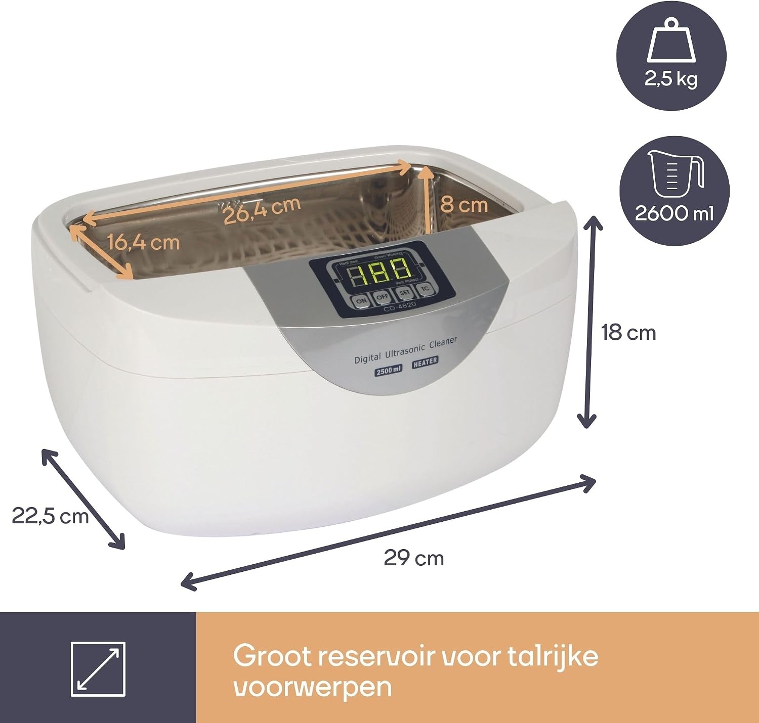 Perel Ultrasoon reiniger 2.6 L, ultrasonic cleaner 35 kHz, sieradenreiniger voor brillen horloges gebit munten sleutels, rvs tank, digitale timer, krasvrij, wit