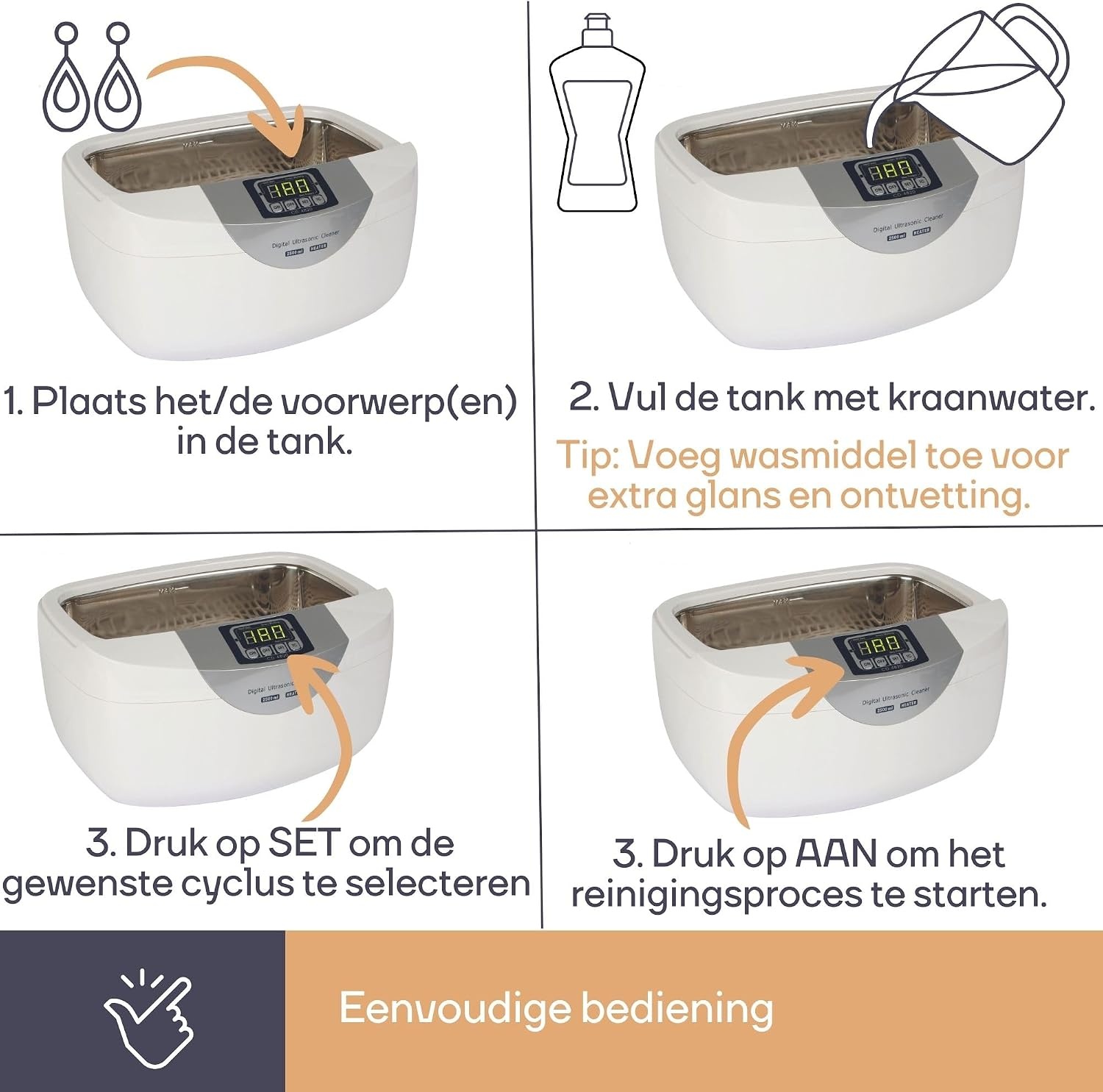 Perel Ultrasoon reiniger 2.6 L, ultrasonic cleaner 35 kHz, sieradenreiniger voor brillen horloges gebit munten sleutels, rvs tank, digitale timer, krasvrij, wit