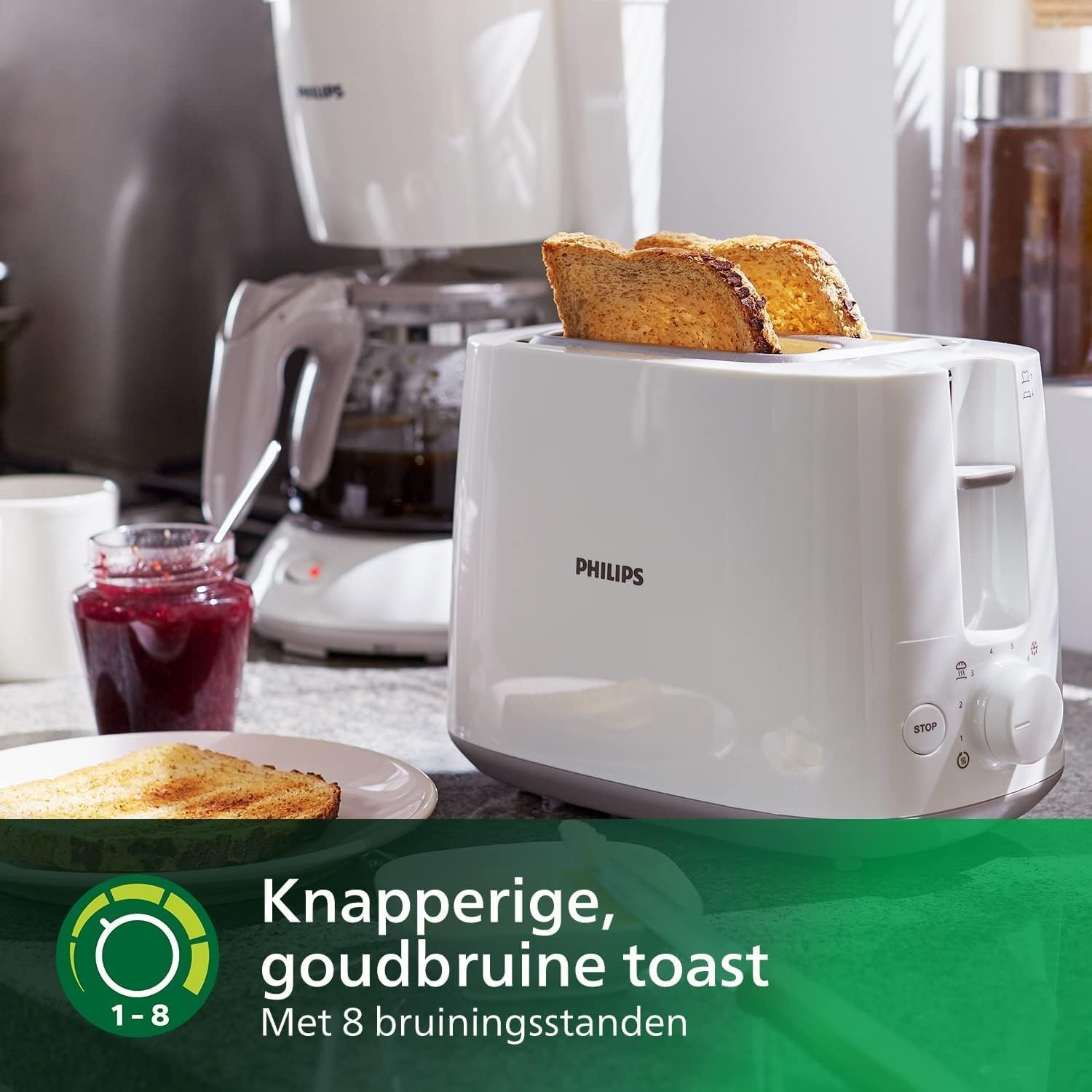 Philips Broodrooster Daily Collection - 8 Bruiningsstanden - 2 variabele sleuven - Geintegreerde opzethouder - Ondooifunctie - Uitneembare kruimellade - Automatische uitschakeling - HD2581/00