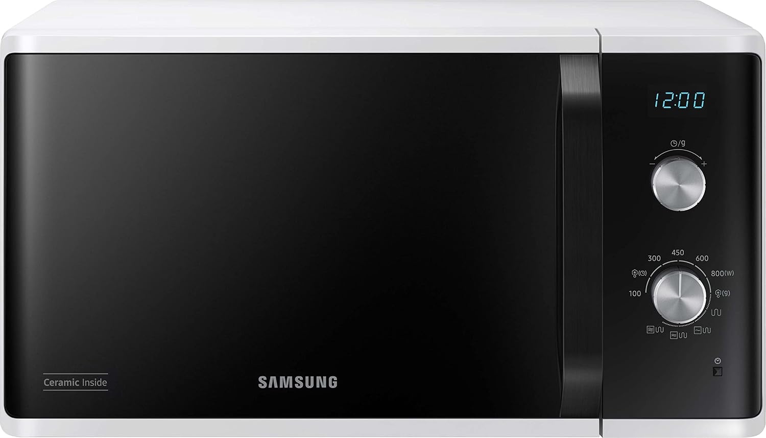 Samsung MG23K3614AW/EG magnetron met grill, 23 liter gaarvolume, 800 W, groot gaarelement voor gelijkmatige bruining, krasbestendige emaille keramische binnenkant, wit
