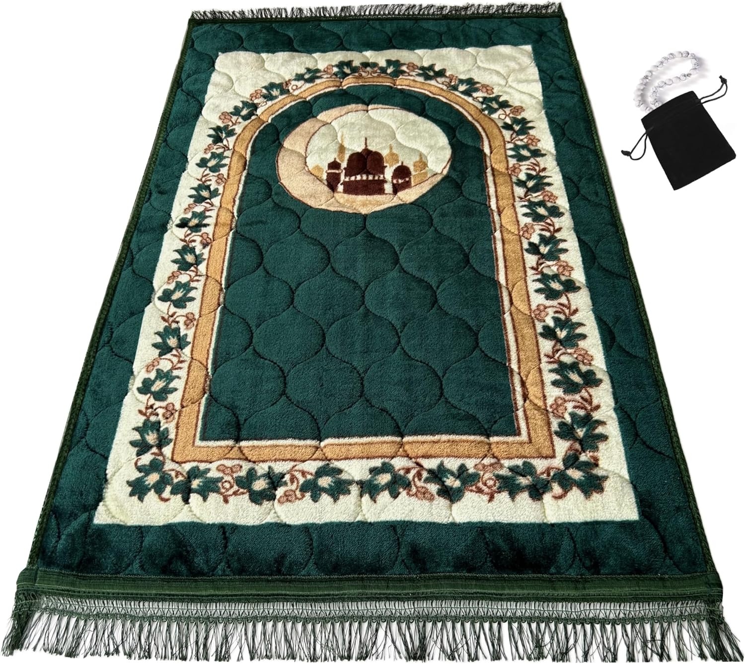 Islamika Luxe Gebedskleed met Gebedskralen - 110 x 70 cm - Zwart