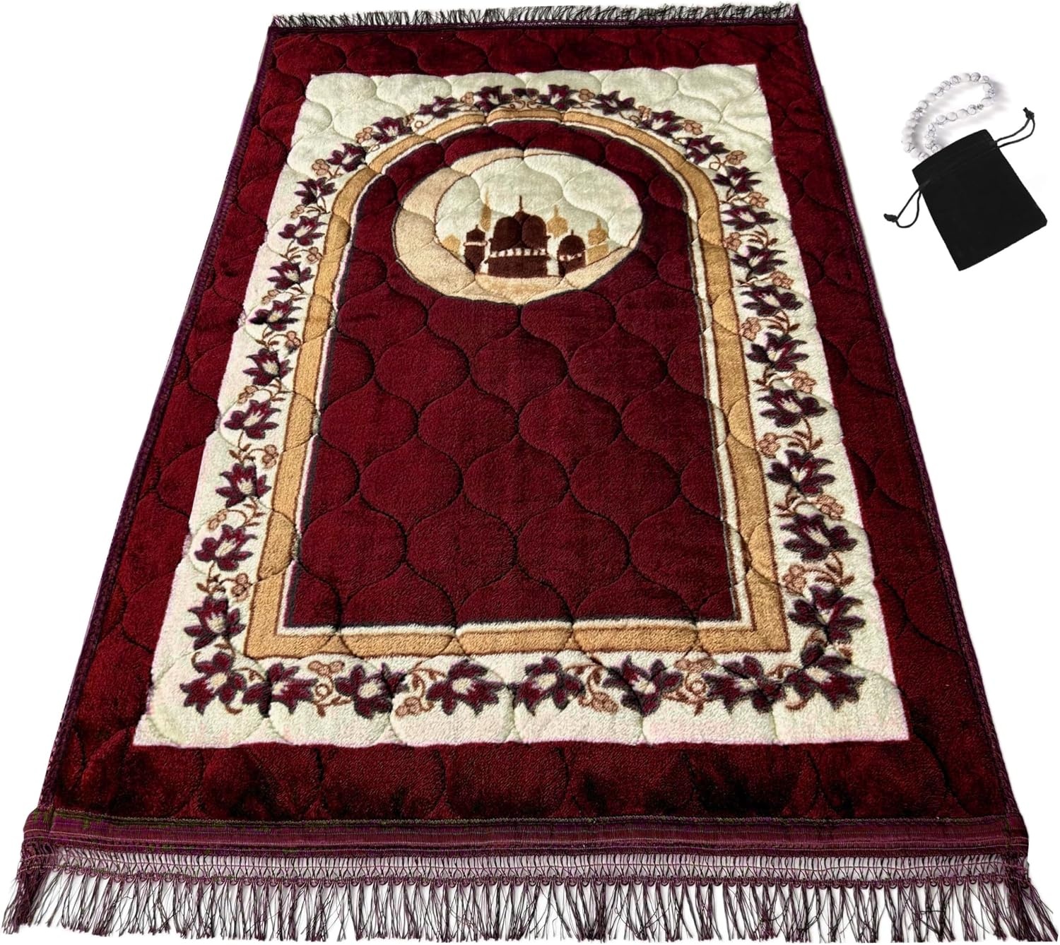 Islamika Luxe Gebedskleed met Gebedskralen - 110 x 70 cm - Zwart