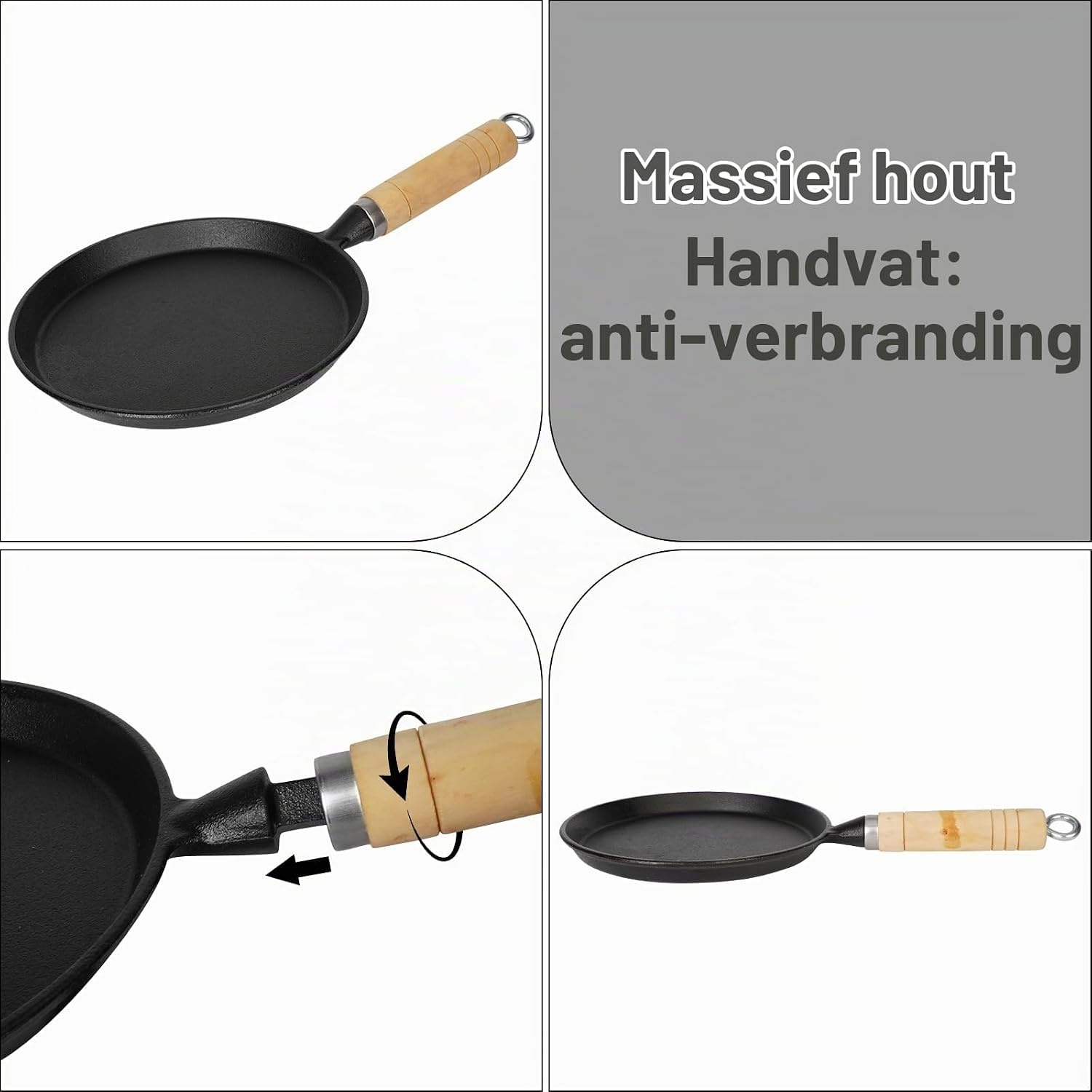 Gietijzeren Koekenpan 20 cm, Ongecoat, Incl. Houten Handvat - 30% Korting!