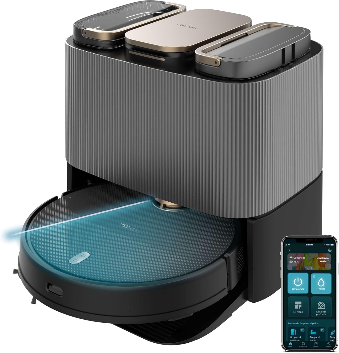 Cecotec Conga 13090 Spin Revolution Home and Wash Stofzuigerrobot, 7000 Pa, lasertechnologie, siliconen borstel, roterende dweilen, zijborstel, app en verbinding Bluetooth en WiFi 2,4 GHz