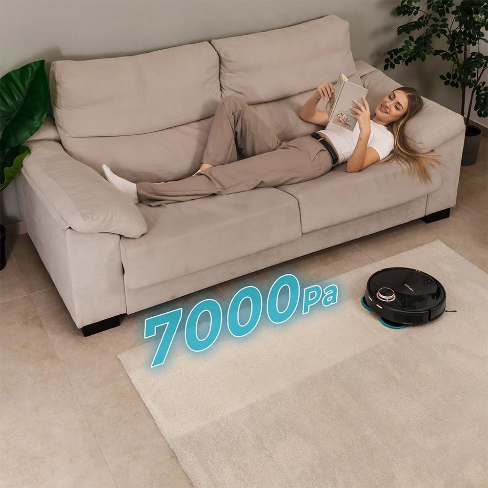 Cecotec Conga 13090 Spin Revolution Home and Wash Stofzuigerrobot, 7000 Pa, lasertechnologie, siliconen borstel, roterende dweilen, zijborstel, app en verbinding Bluetooth en WiFi 2,4 GHz