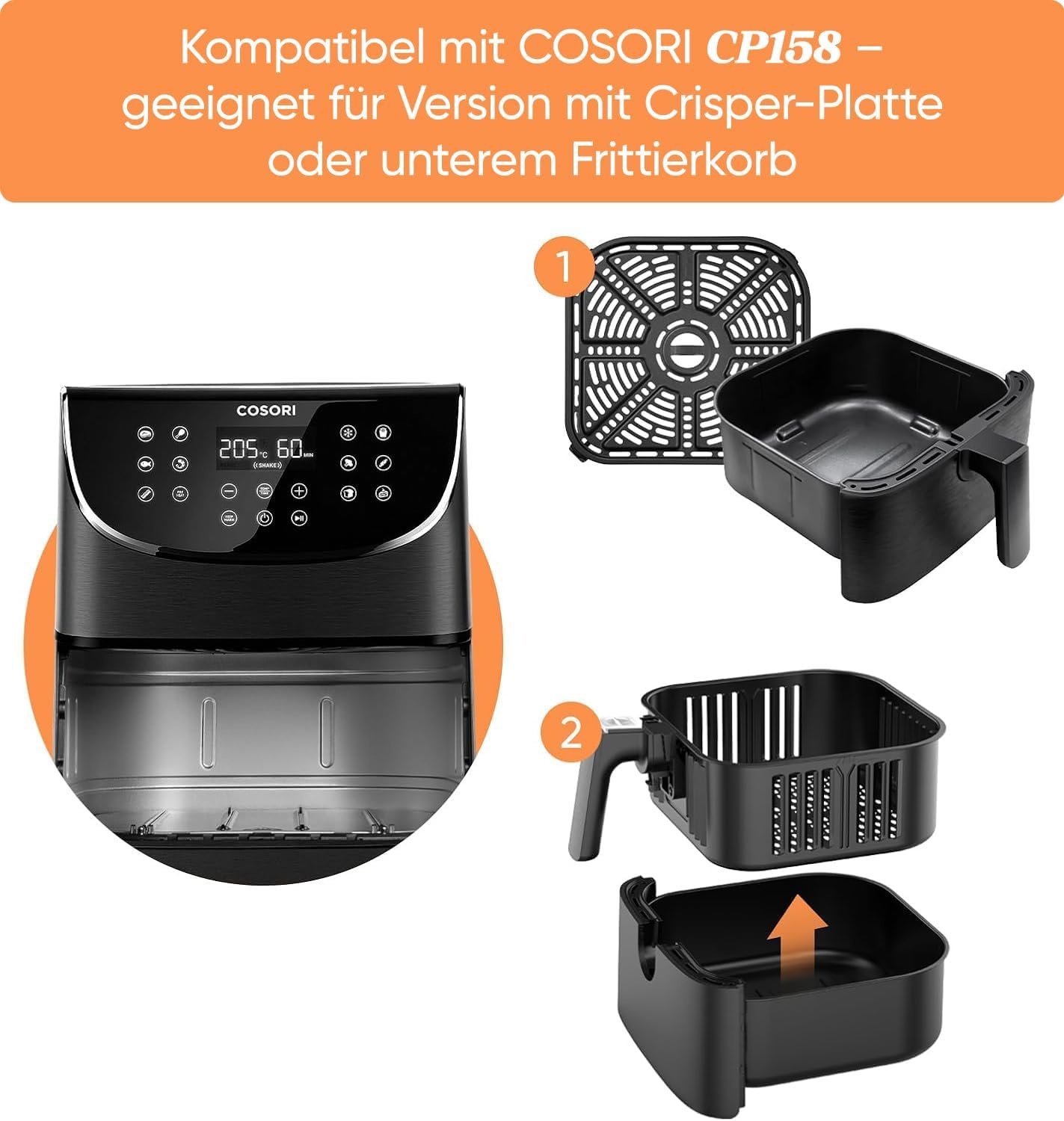 COSORI CP158 Luchtfriteuse 5,7 l originele mand, keramische coating No PFAS, vervangende accessoires voor Air Fryer CP158-AF, antiaanbaklaag, vaatwasmachinebestendig, grijs