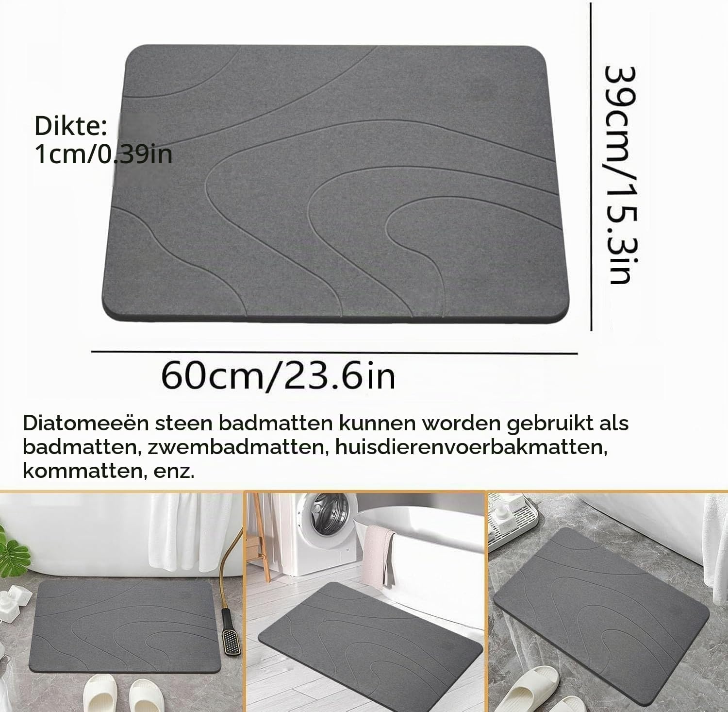 Badmat van steen, 2-delige set, super absorberende diatomee, antislip, sneldrogende badmat (2 x donkergrijs)