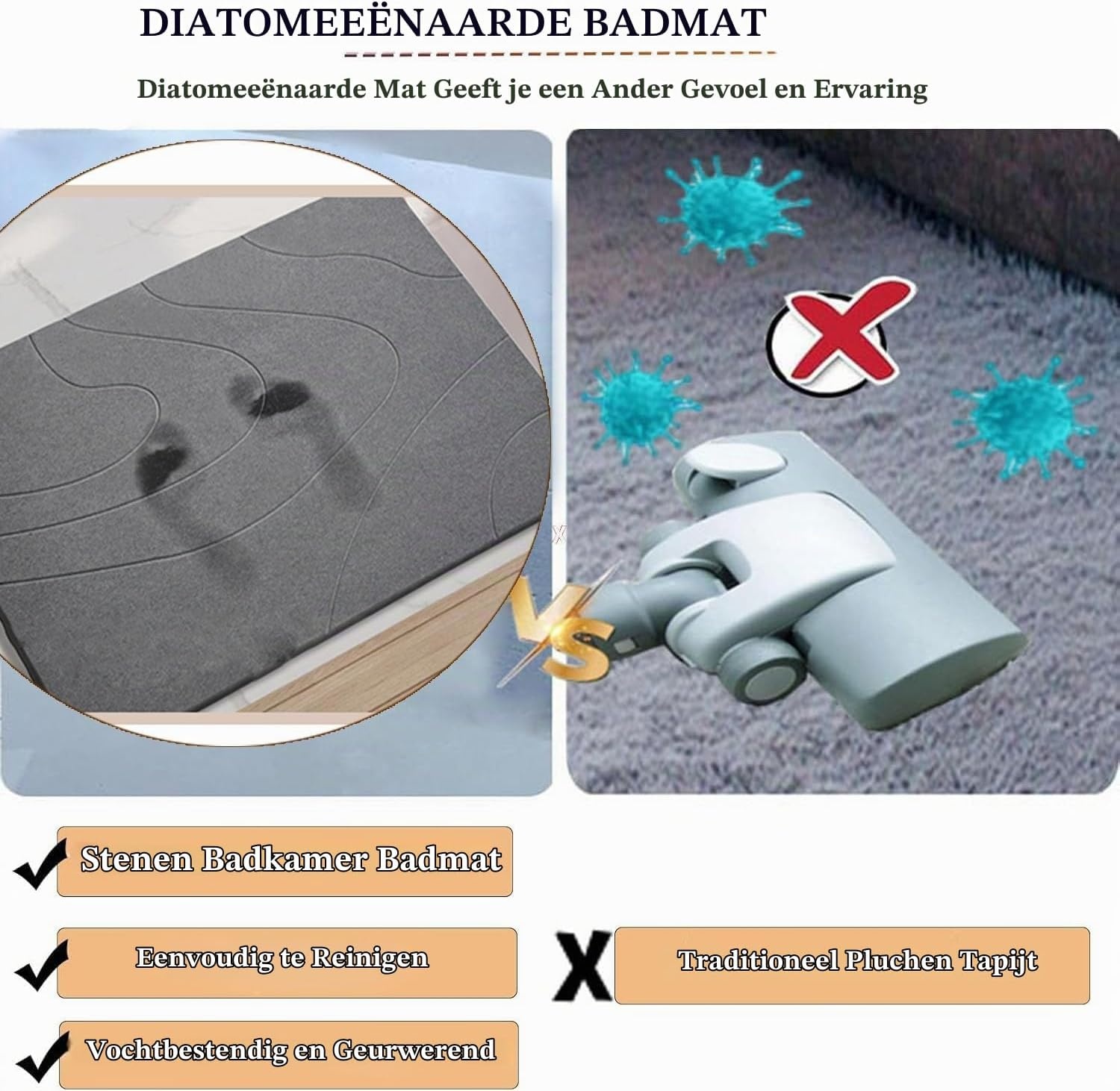 Badmat van steen, 2-delige set, super absorberende diatomee, antislip, sneldrogende badmat (2 x donkergrijs)