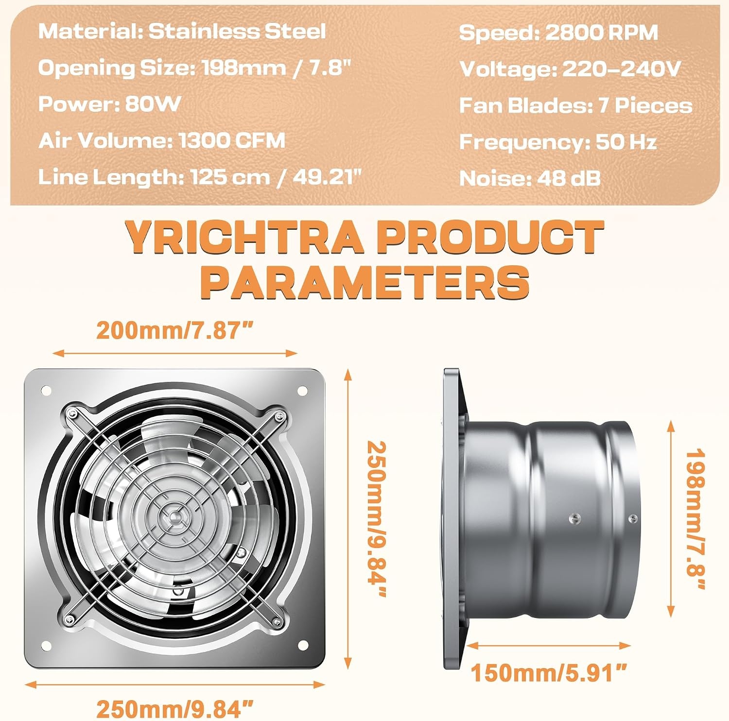 Yrichtra Afzuigventilator 200 mm - Zilver - 980 m³/u - Wand- en Plafondmontage