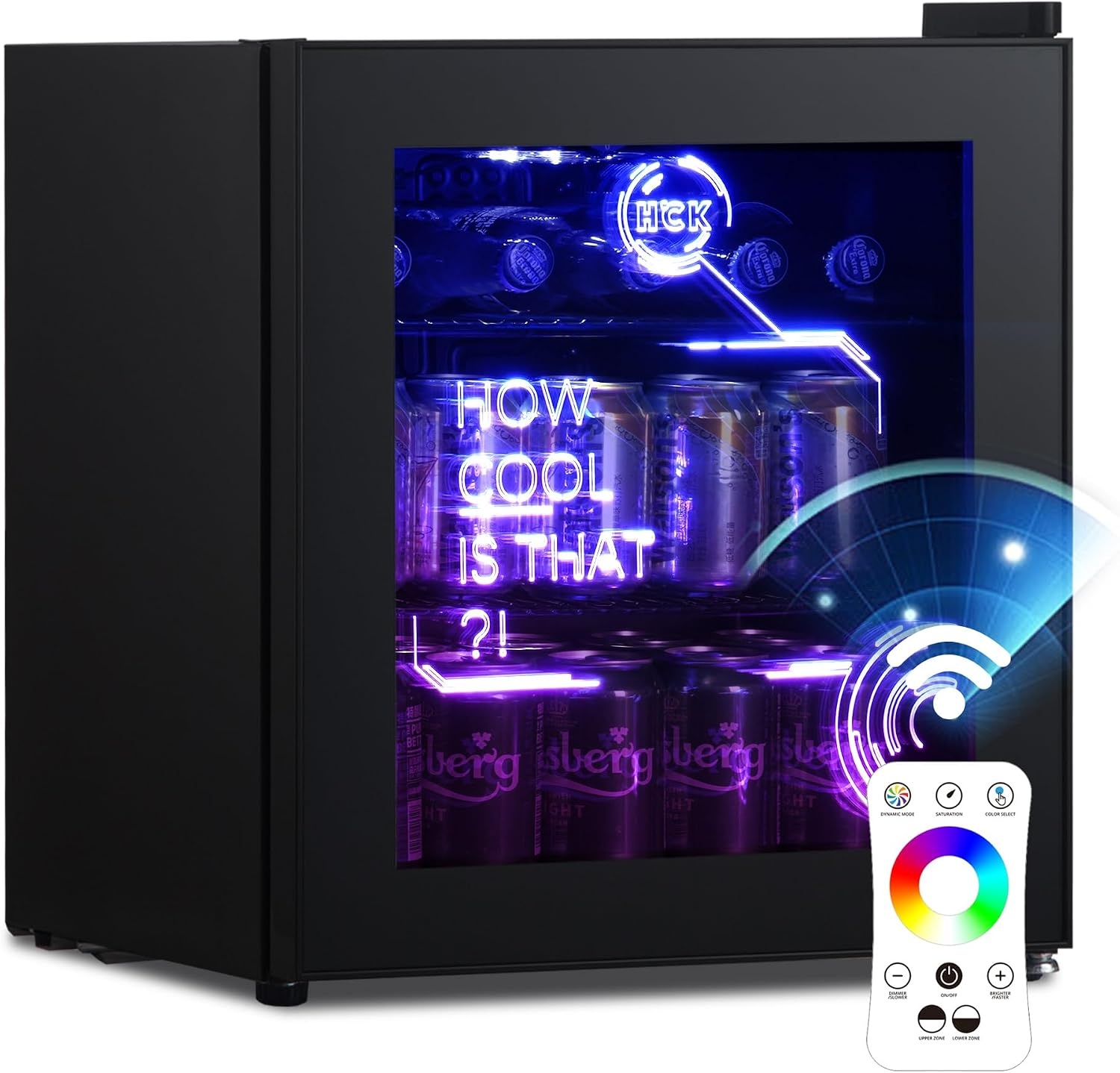 HCK 48L Cyberpunk Bierkoelkast met Moderne RGB Verlichting, Mini Koelkast met Glazen Deur, Dranken Koelkast Gaming Koelkasten, 0-15°C Regeling, voor Slaapkamers, Gaming Room, Feesten, Zwart - Maat Cyberpunk 48L