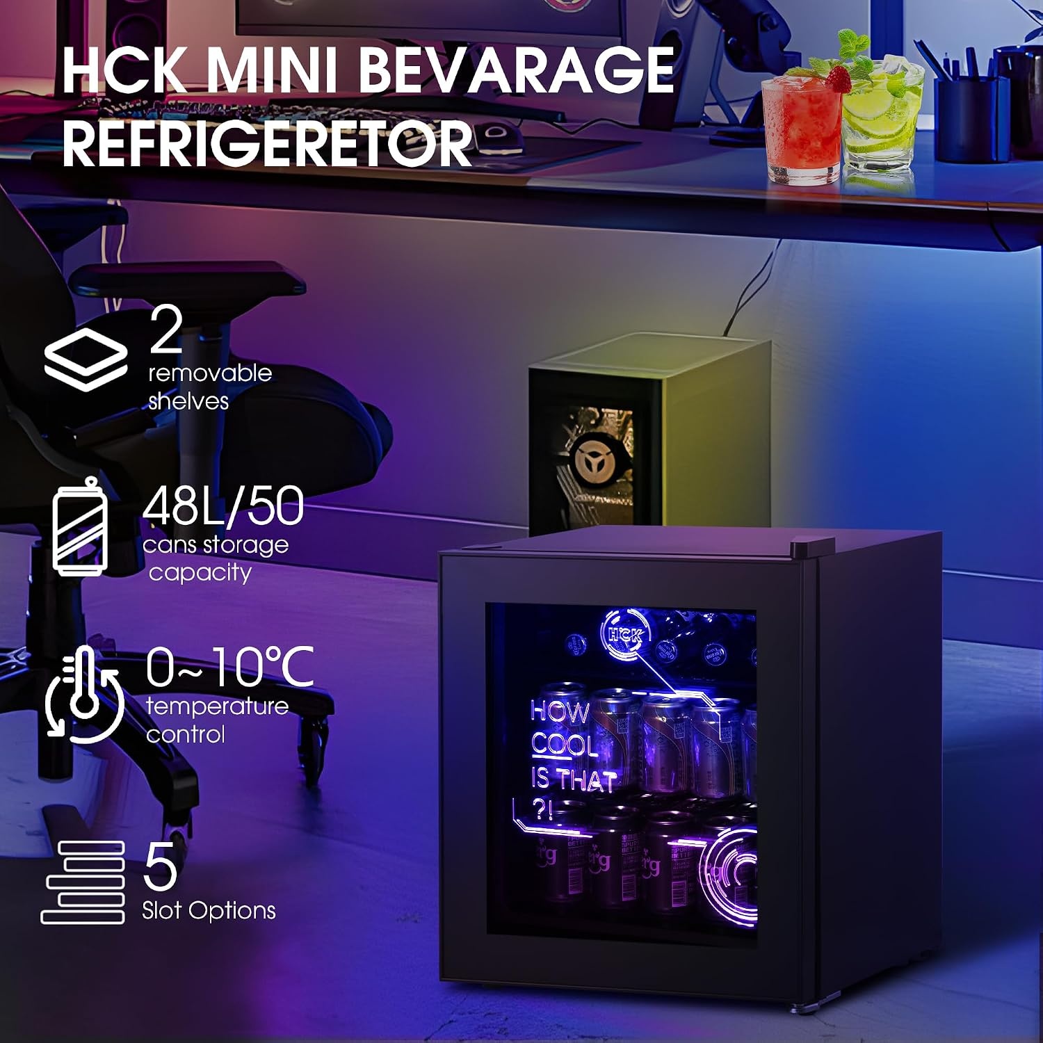 HCK 48L Cyberpunk Bierkoelkast met Moderne RGB Verlichting, Mini Koelkast met Glazen Deur, Dranken Koelkast Gaming Koelkasten, 0-15°C Regeling, voor Slaapkamers, Gaming Room, Feesten, Zwart - Maat Cyberpunk 48L