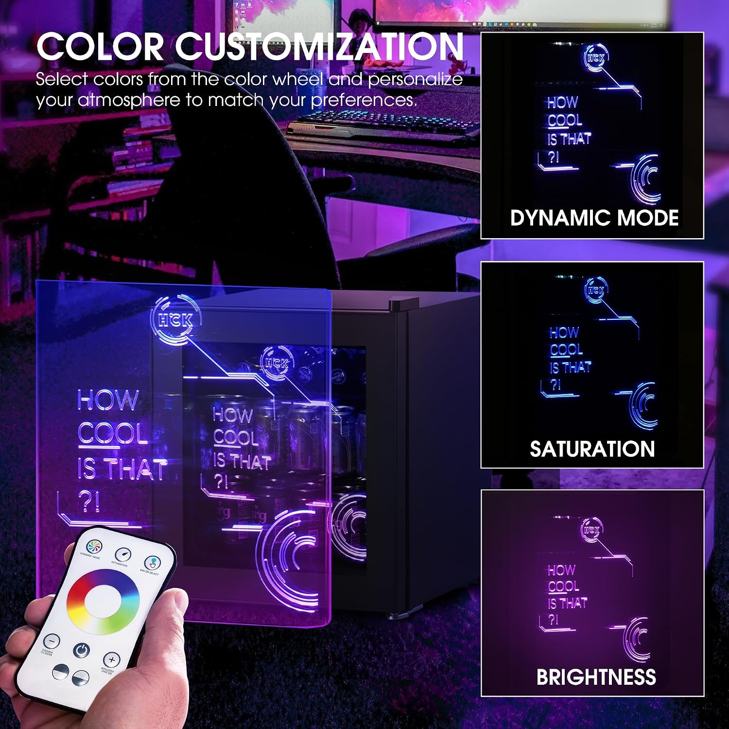 HCK 48L Cyberpunk Bierkoelkast met Moderne RGB Verlichting, Mini Koelkast met Glazen Deur, Dranken Koelkast Gaming Koelkasten, 0-15°C Regeling, voor Slaapkamers, Gaming Room, Feesten, Zwart - Maat Cyberpunk 48L