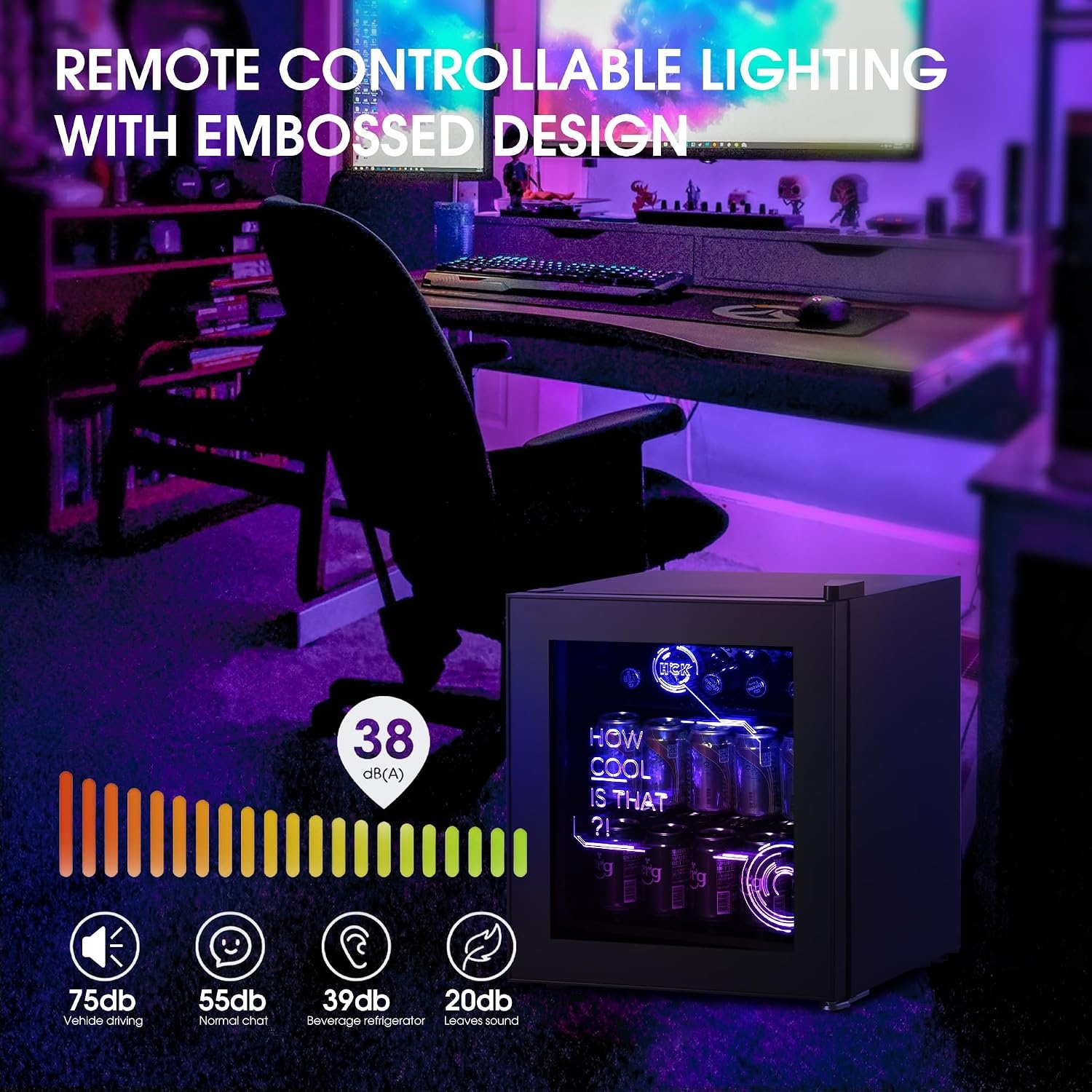 HCK 48L Cyberpunk Bierkoelkast met Moderne RGB Verlichting, Mini Koelkast met Glazen Deur, Dranken Koelkast Gaming Koelkasten, 0-15°C Regeling, voor Slaapkamers, Gaming Room, Feesten, Zwart - Maat Cyberpunk 48L