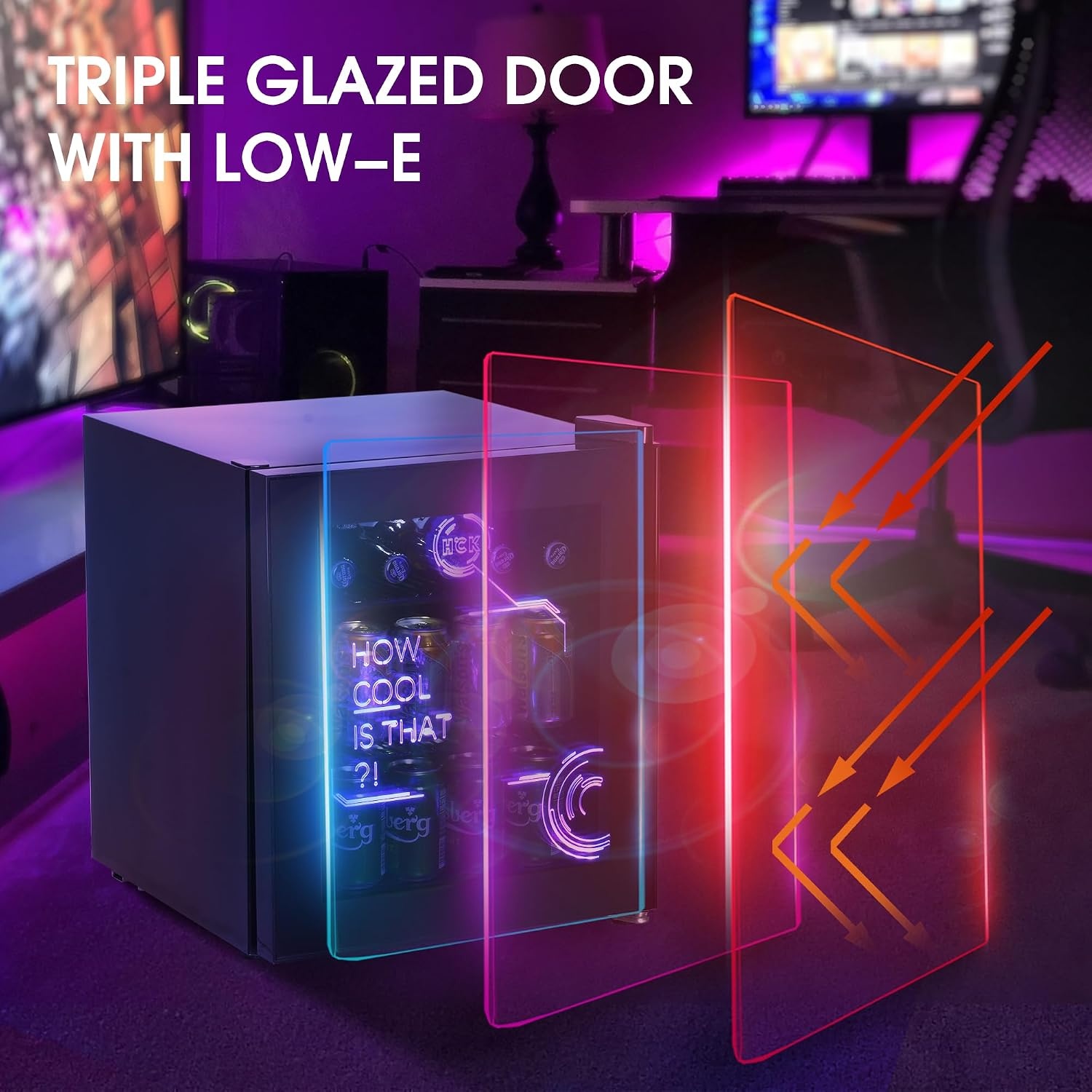 HCK 48L Cyberpunk Bierkoelkast met Moderne RGB Verlichting, Mini Koelkast met Glazen Deur, Dranken Koelkast Gaming Koelkasten, 0-15°C Regeling, voor Slaapkamers, Gaming Room, Feesten, Zwart - Maat Cyberpunk 48L