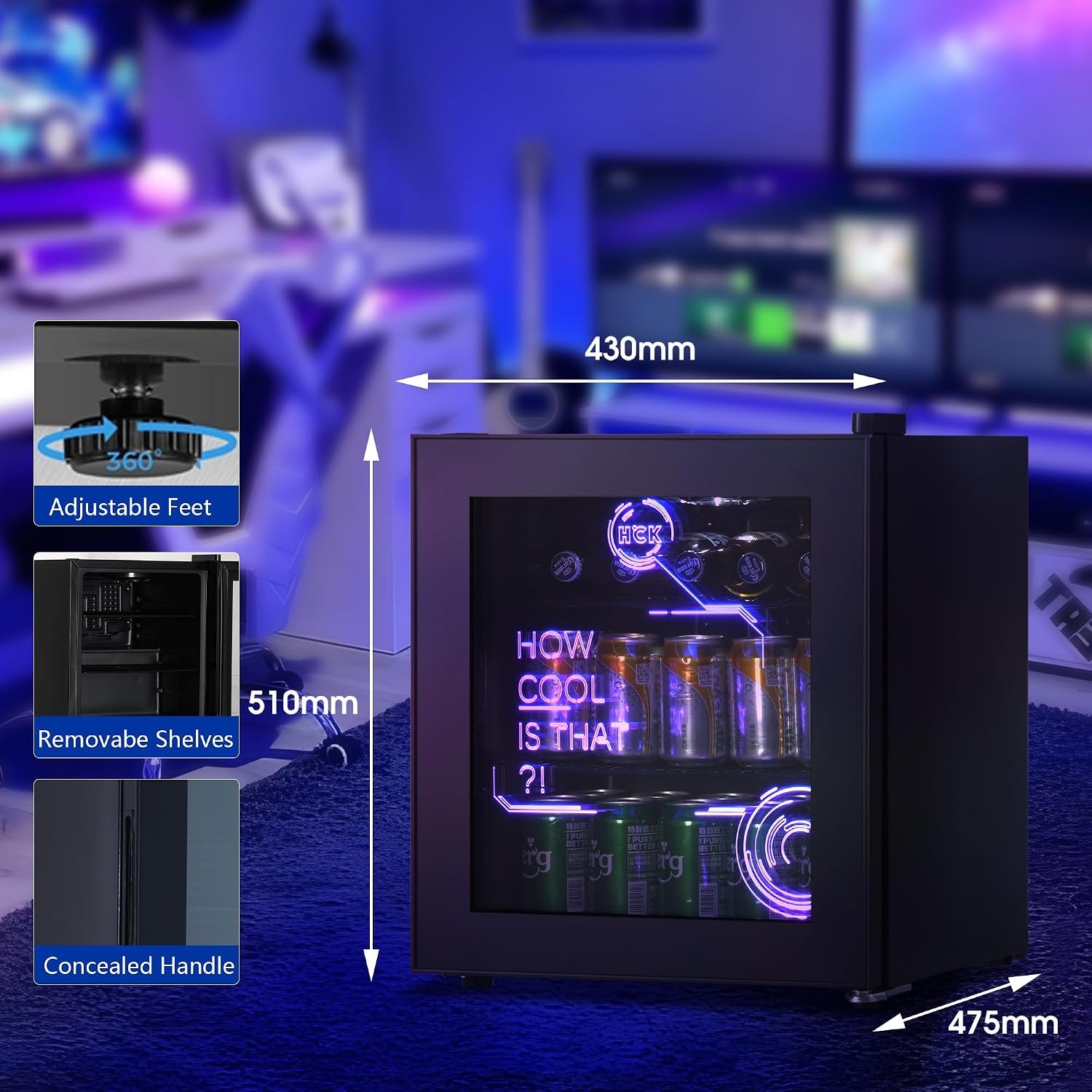 HCK 48L Cyberpunk Bierkoelkast met Moderne RGB Verlichting, Mini Koelkast met Glazen Deur, Dranken Koelkast Gaming Koelkasten, 0-15°C Regeling, voor Slaapkamers, Gaming Room, Feesten, Zwart - Maat Cyberpunk 48L