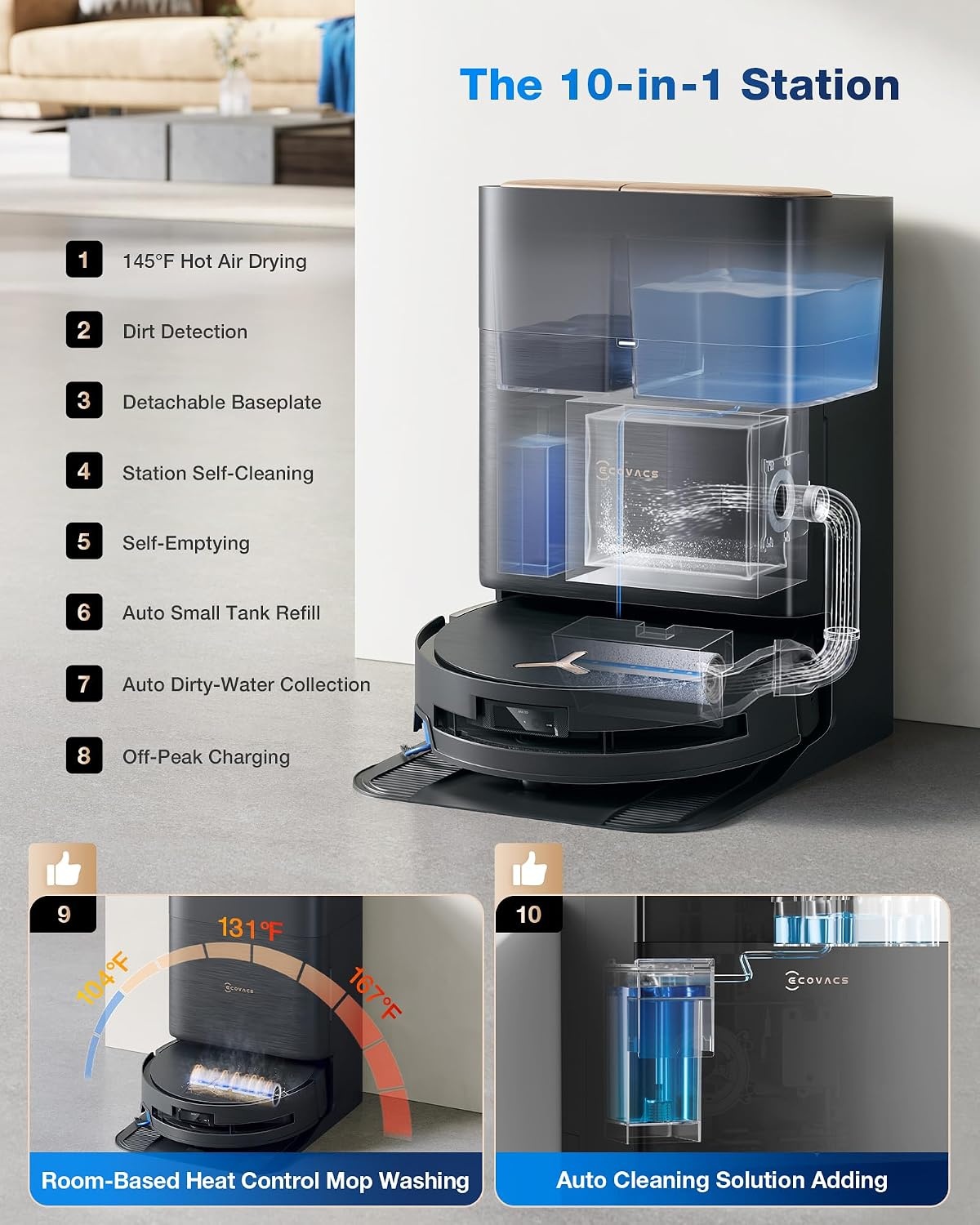 ECOVACS DEEBOT X9 PRO OMNI-robotstofzuiger en -dweil, 16.600 Pa, ultradun, OZMO ROLLER Instant Self-Washing Mopping, ZeroTangle 3.0, dweilfunctie met heet water, drogen met hete lucht, zwart