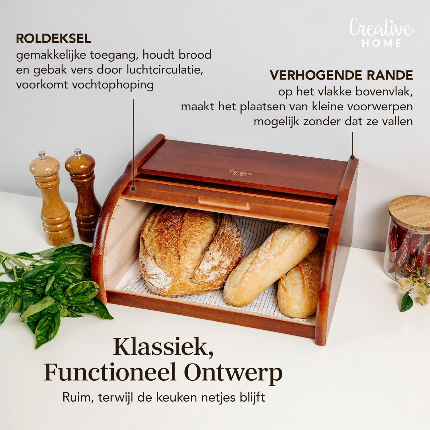 Creative Home Broodtrommel van Beukenhout - Bruin - 40 x 27,5 x 18,5 cm