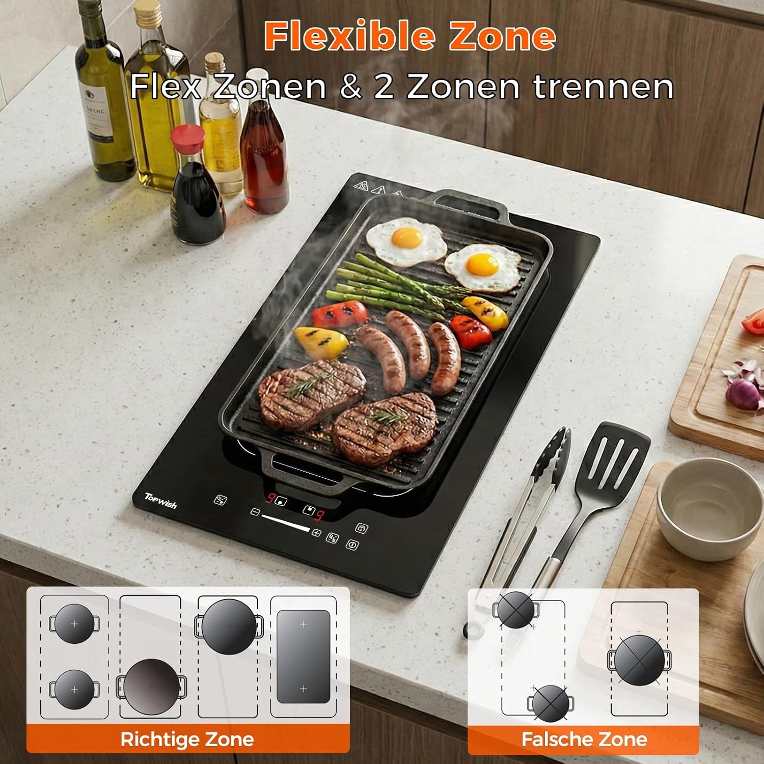 Topwish Inductiekookplaat 30 cm, inductiekookplaat 2 platen met flexzone
