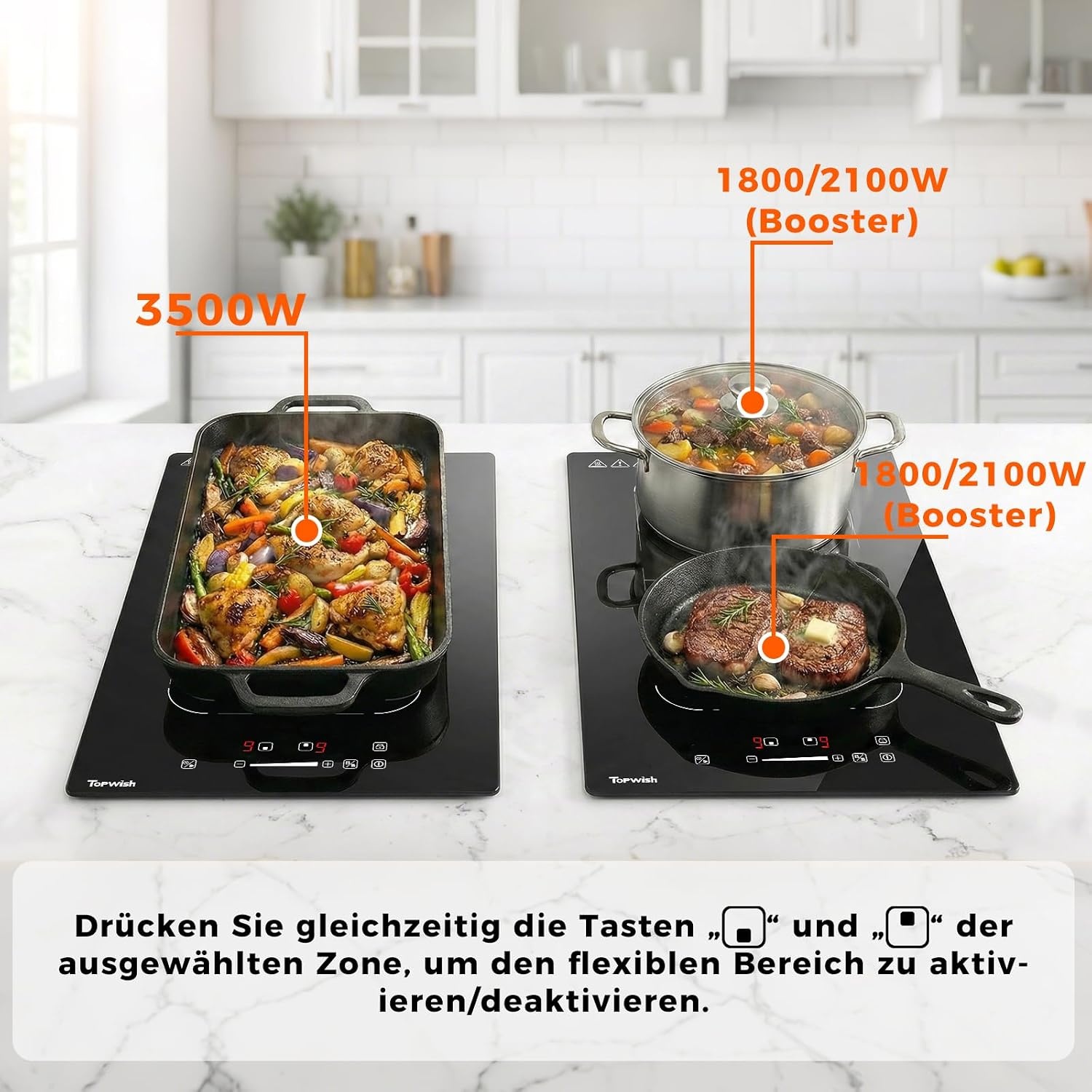 Topwish Inductiekookplaat 30 cm, inductiekookplaat 2 platen met flexzone