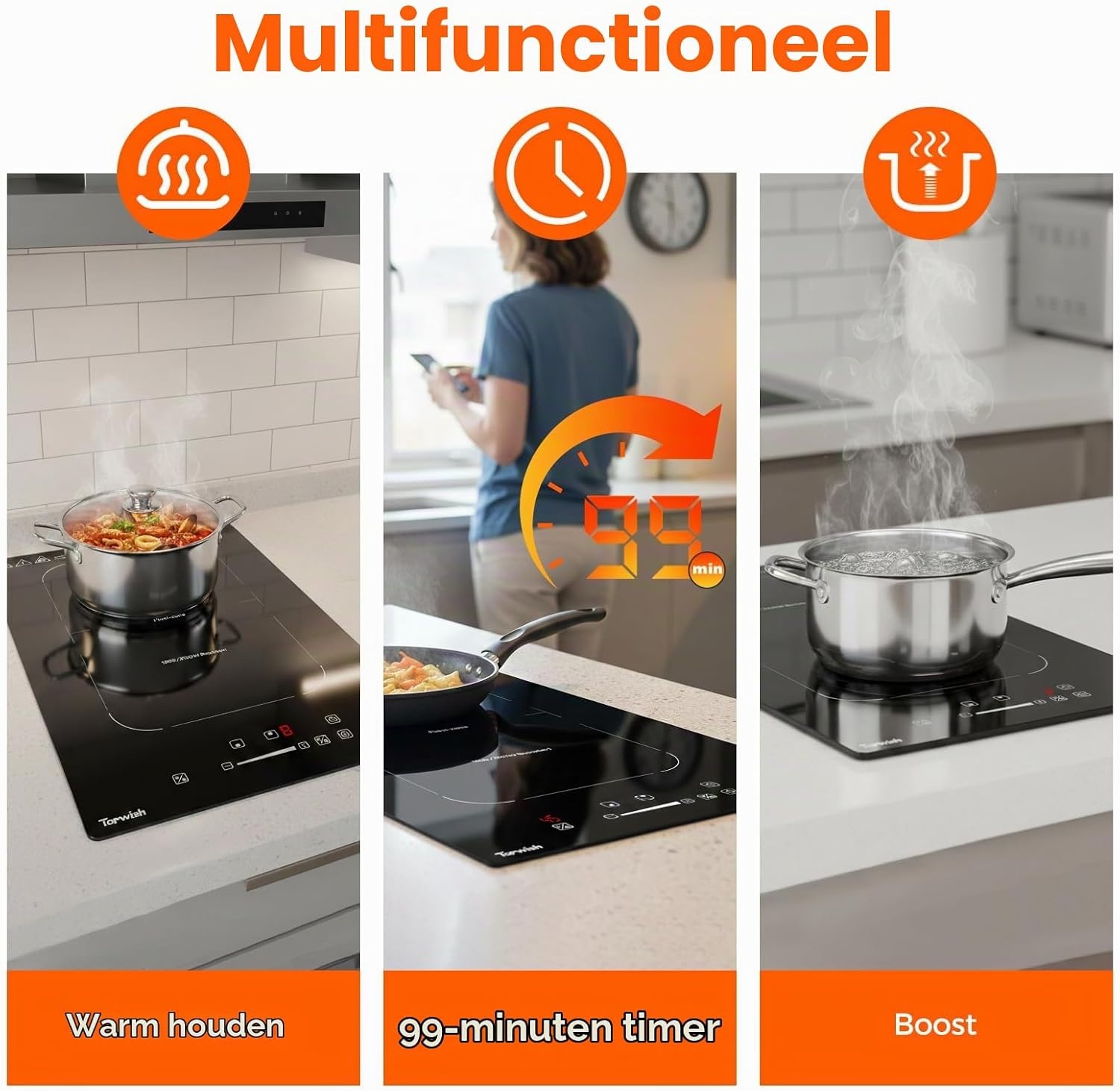Topwish Inductiekookplaat 30 cm, inductiekookplaat 2 platen met flexzone