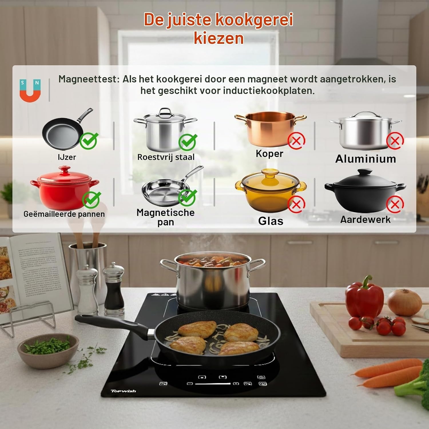 Topwish Inductiekookplaat 30 cm, inductiekookplaat 2 platen met flexzone