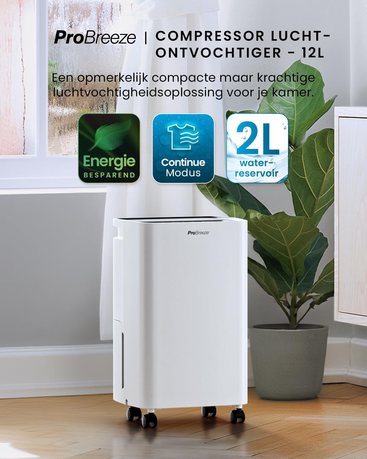 Pro Breeze Compacte Luchtontvochtiger 12L per dag - Wit - 2 Liter Watertank