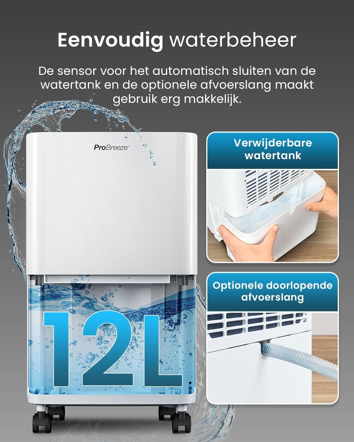 Pro Breeze Compacte Luchtontvochtiger 12L per dag - Wit - 2 Liter Watertank