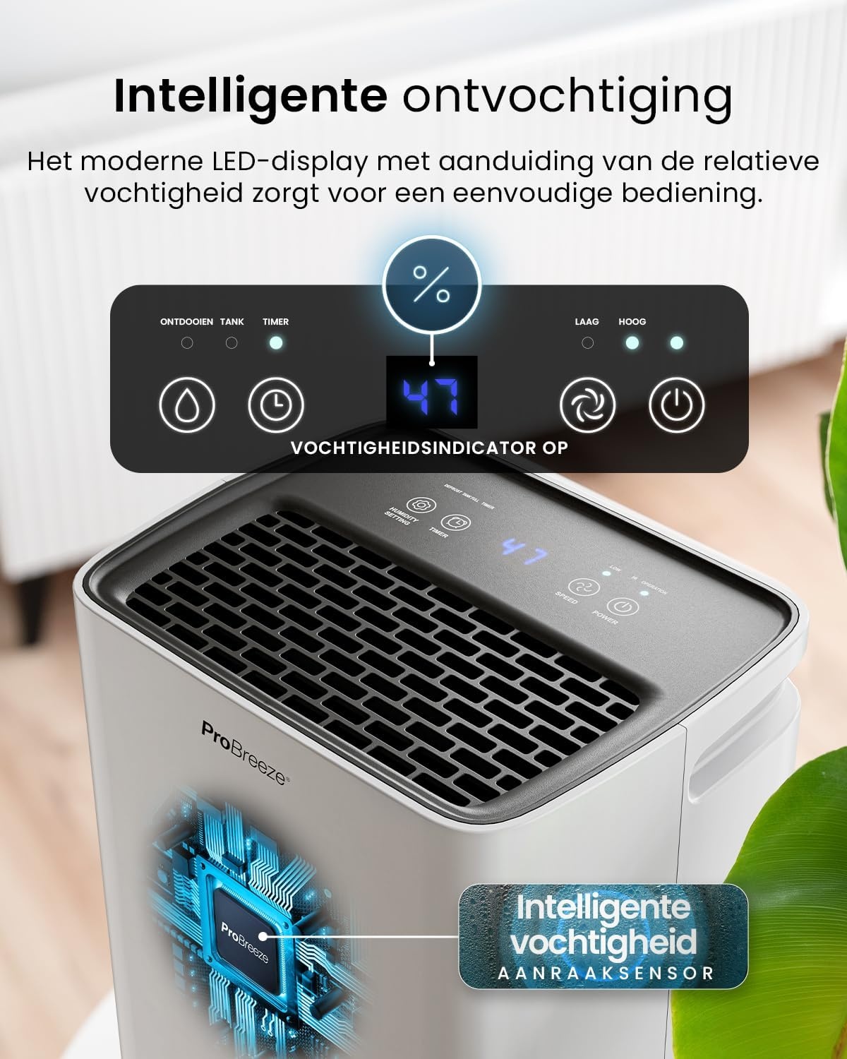 Pro Breeze Compacte Luchtontvochtiger 12L per dag - Wit - 2 Liter Watertank