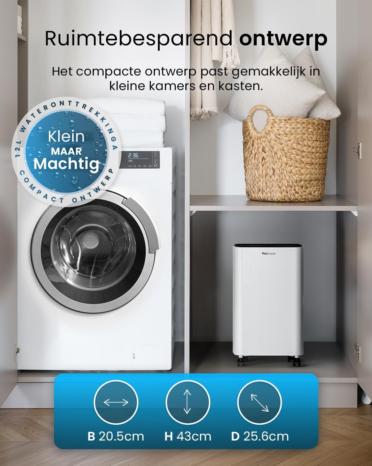 Pro Breeze Compacte Luchtontvochtiger 12L per dag - Wit - 2 Liter Watertank