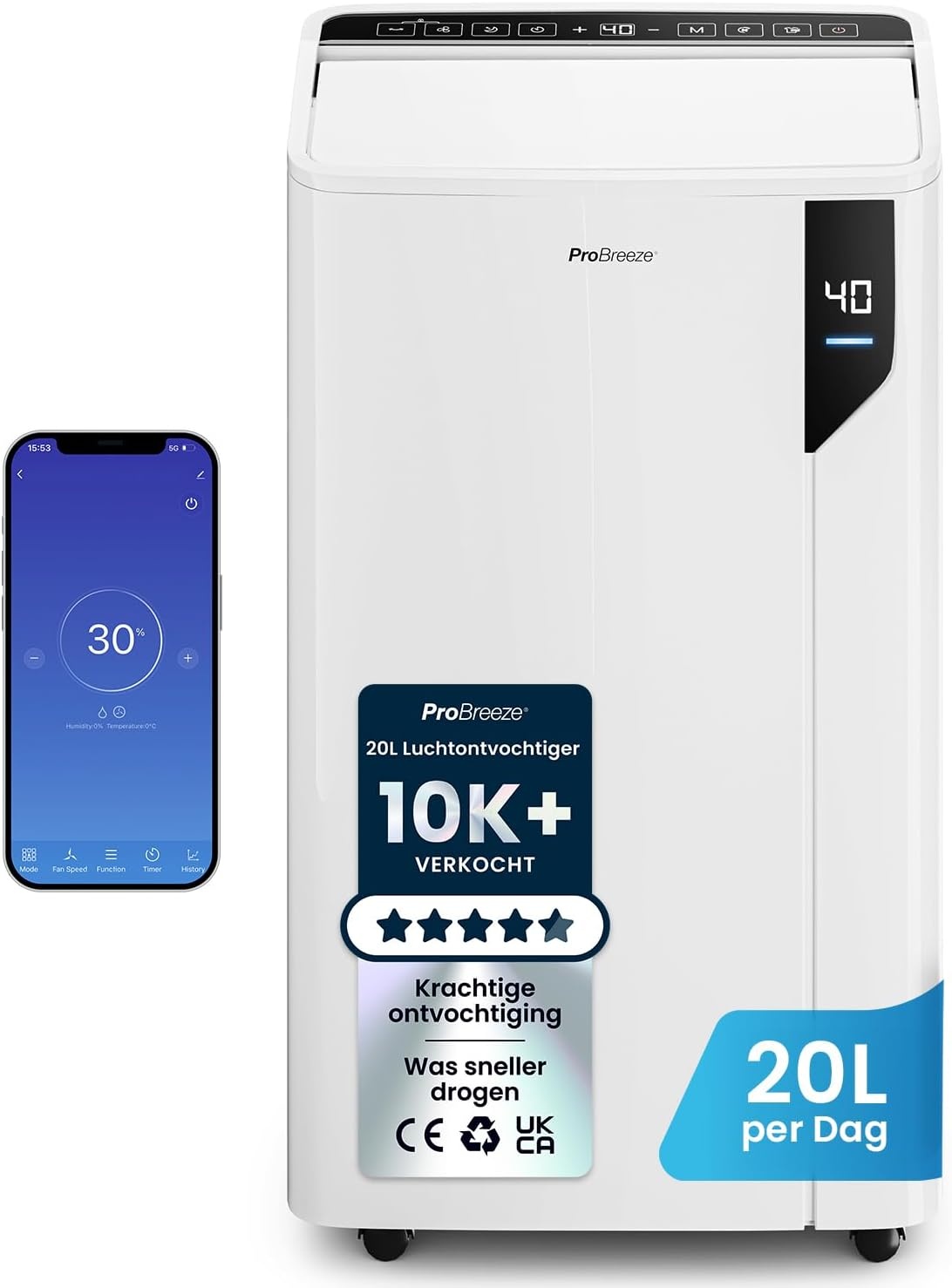 Pro Breeze Compacte Luchtontvochtiger 12L per dag - Wit - 2 Liter Watertank